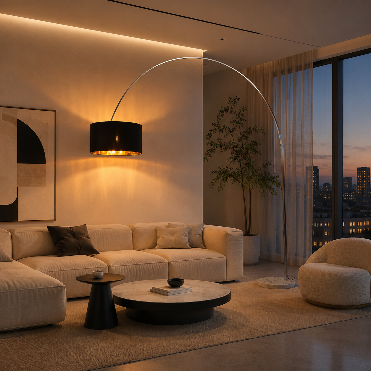 Una sala de estar moderna al anochecer, con sofá, mesa de centro y lámpara de arco.
