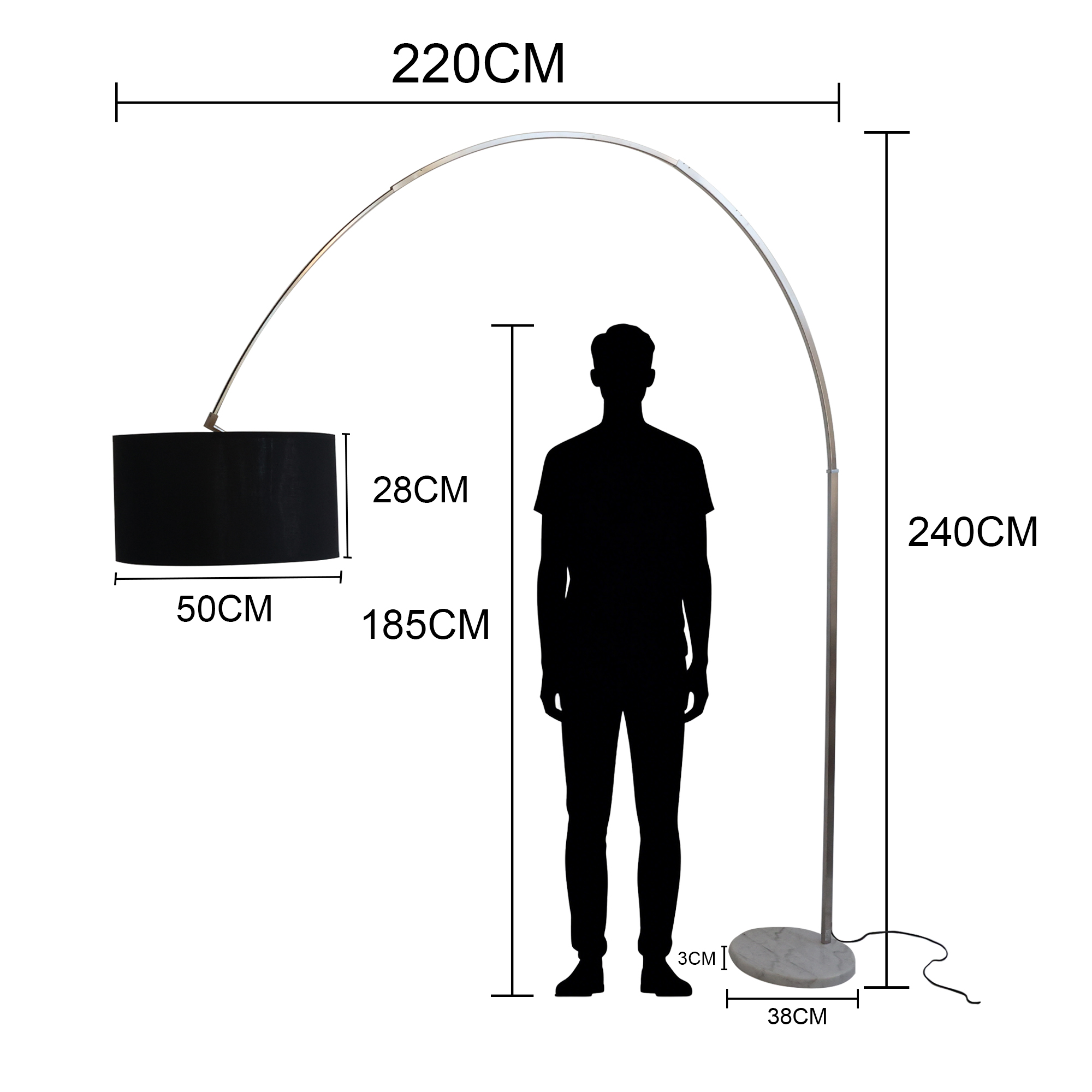Lámpara de pie arqueada con pantalla negra, 240cm alta, 220cm ancha.
