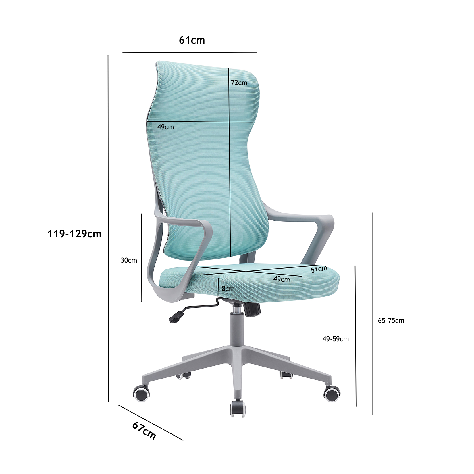 Una silla de oficina azul verdoso con dimensiones y ruedas. Ancho total 61cm.