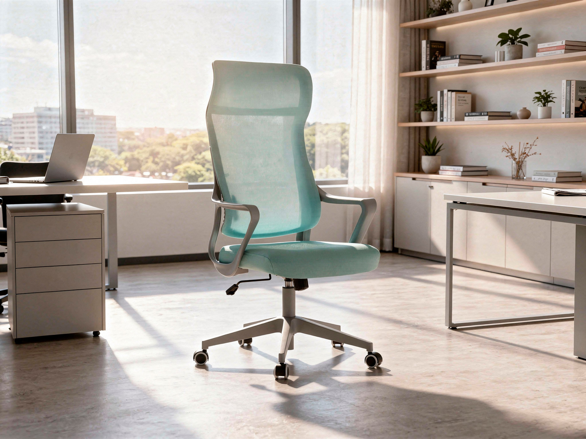 Una silla de oficina de malla verde azulado con detalles grises en una sala soleada con escritorio y estantes.