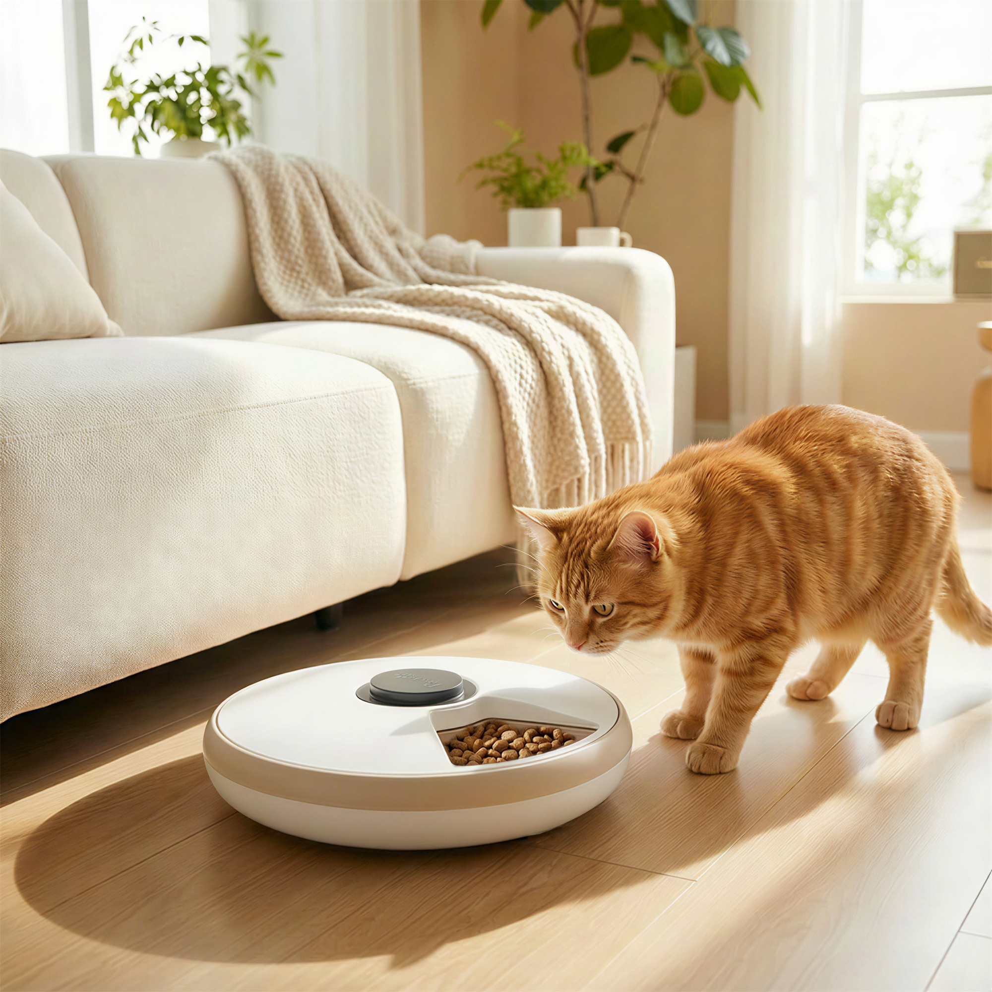 Un gato atigrado naranja se acerca a un comedero automático blanco con pienso.