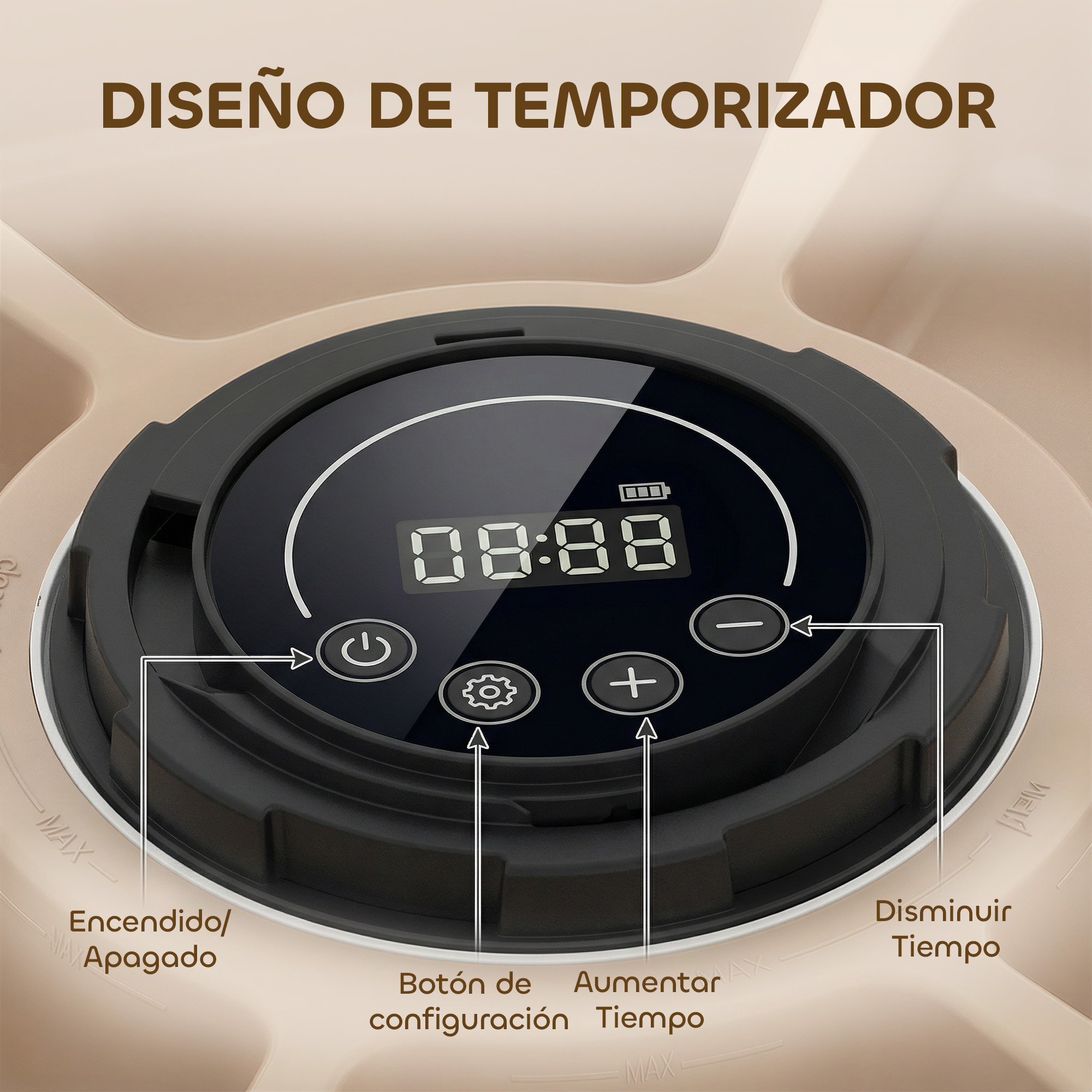 Pantalla digital con controles para encendido/apagado, ajustes, aumentar/disminuir.