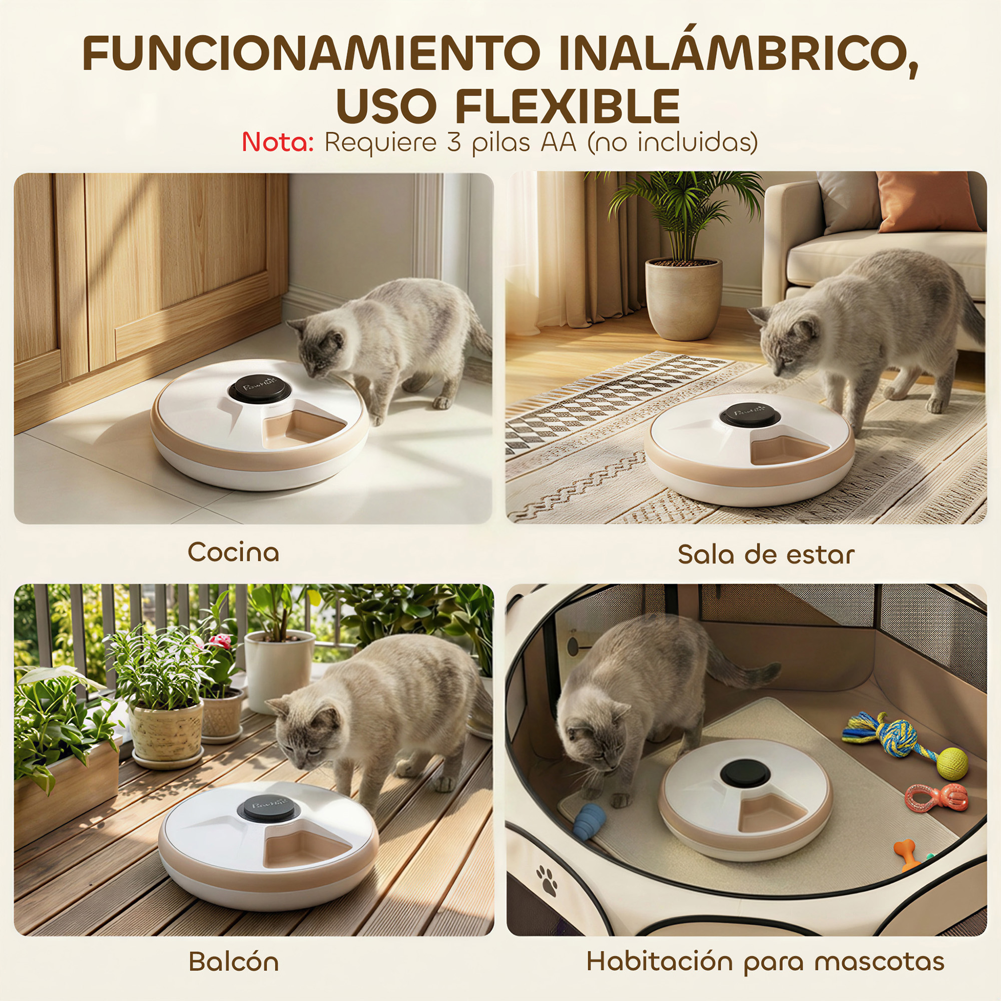 Cuatro escenas muestran un gato con un comedero para mascotas en cocina, sala, balcón y cuarto.