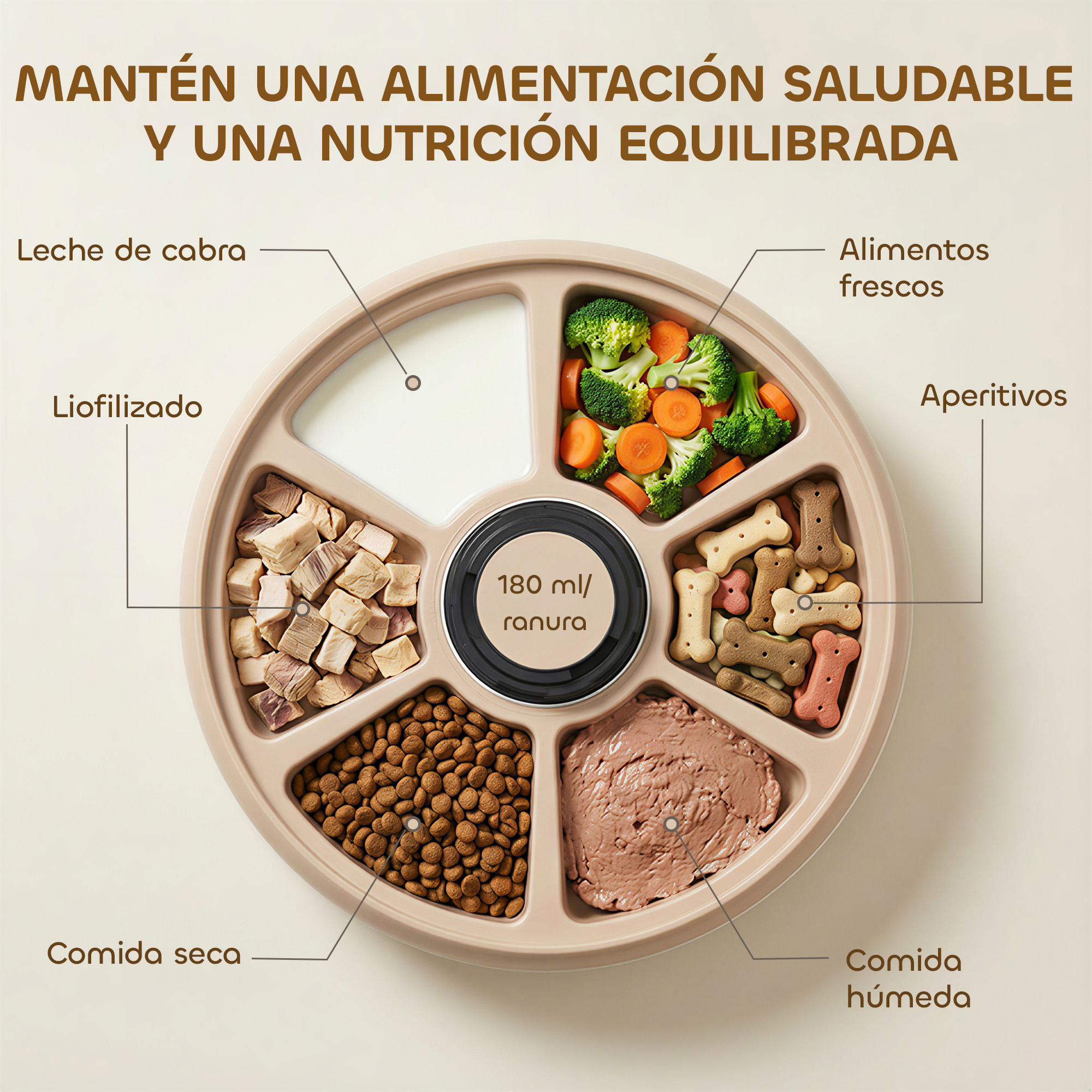Un cuenco redondo beige para mascotas con compartimentos para leche de cabra, comida liofilizada, pienso, comida húmeda, premios y verduras.