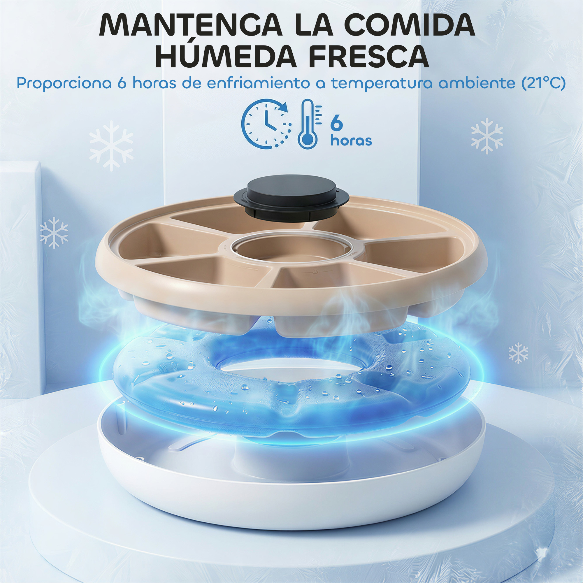 Un recipiente beige con paquete de frío mantiene la comida fresca 6h.