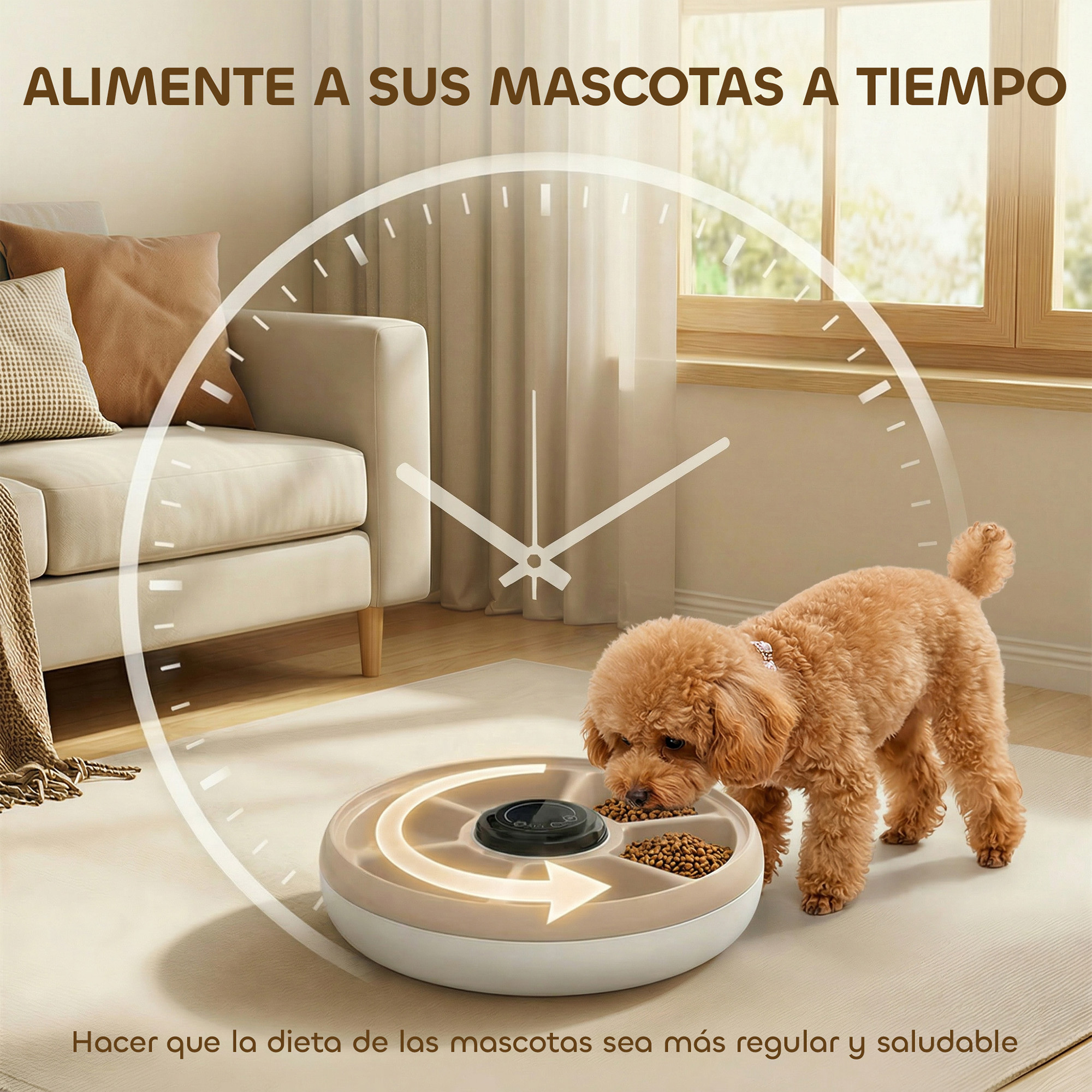 Un perro come de un comedero automático con forma de reloj.