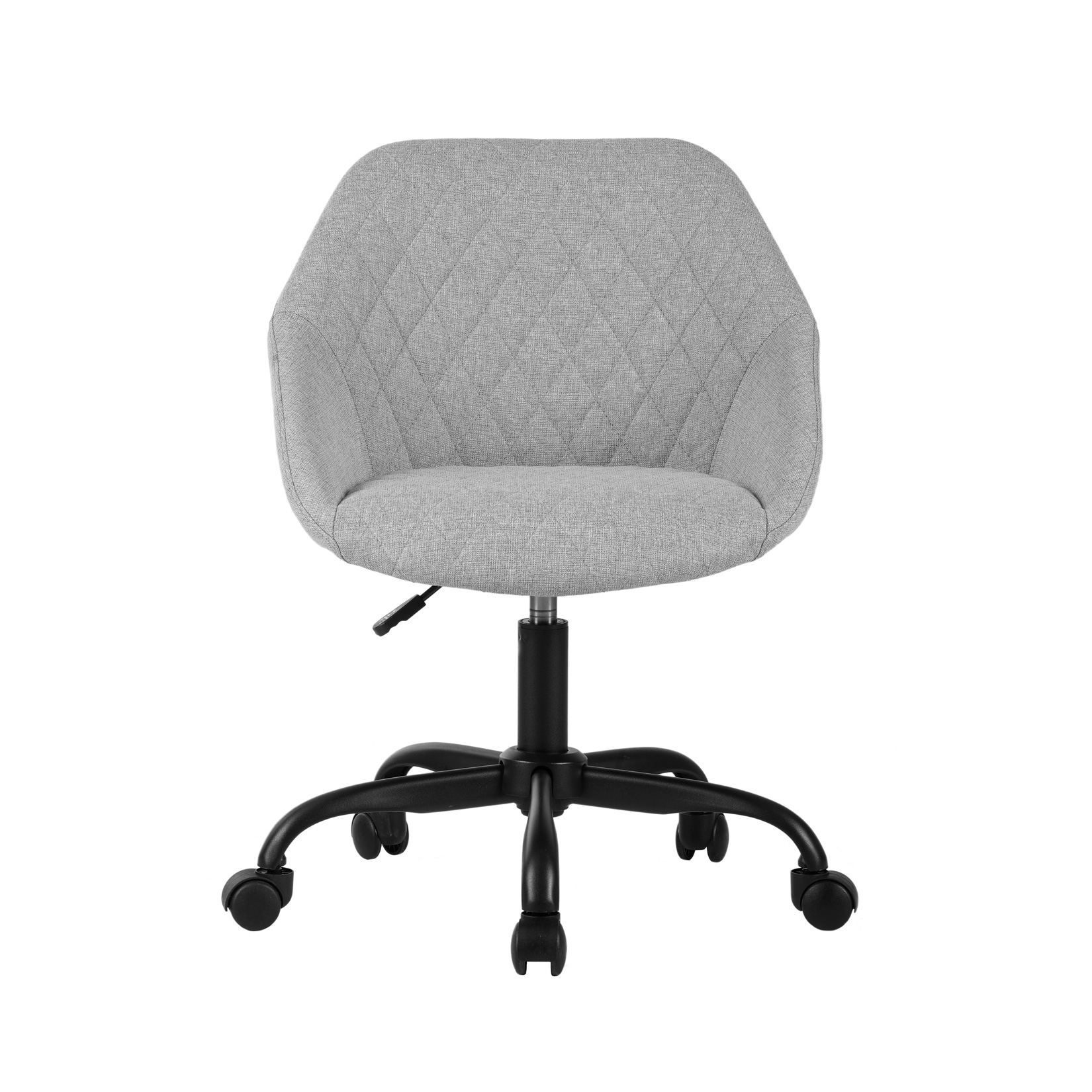 Silla de oficina de tela gris con patrón acolchado y base rodante negra.