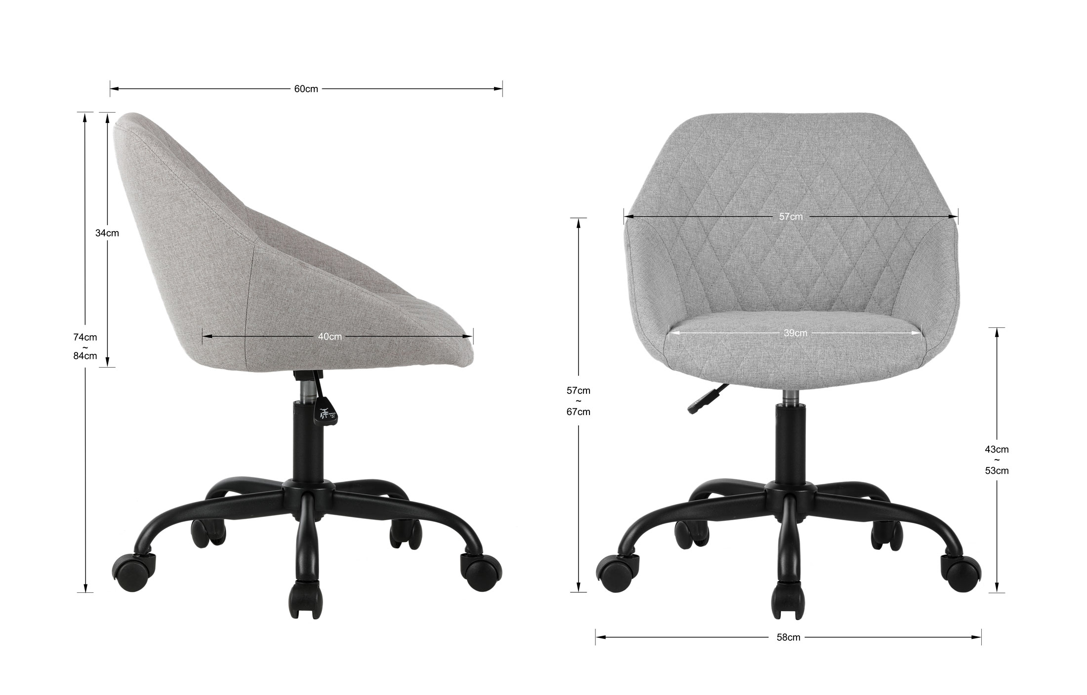 Silla de oficina gris con ruedas, se muestran las dimensiones.