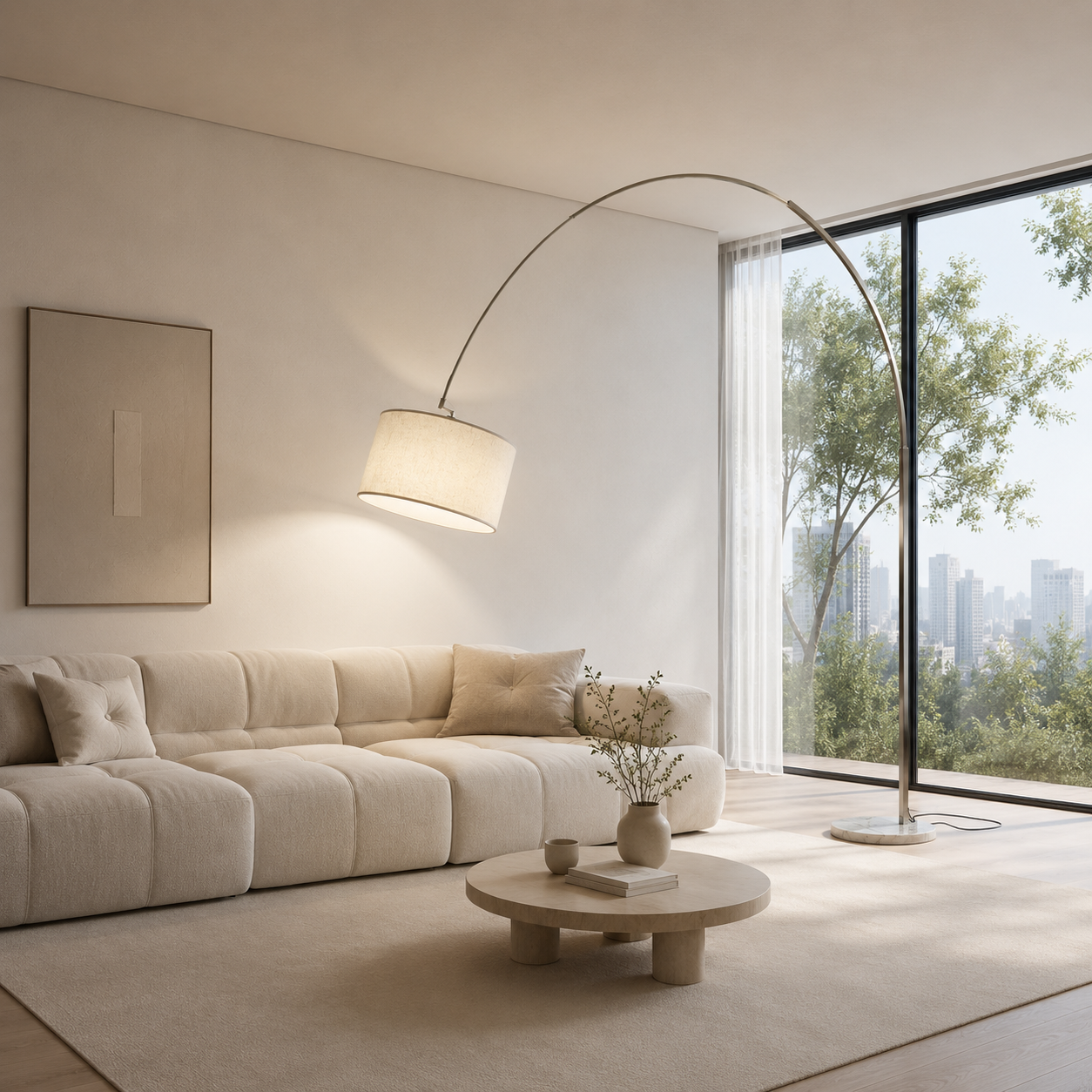 Sala de estar moderna con sofá beige, mesa de centro, lámpara de arco y vista a la ciudad.
