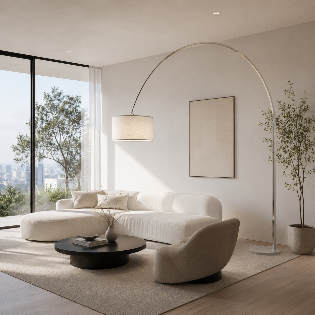 Una sala de estar moderna con un sofá blanco, mesa de centro redonda y pantalla de lámpara de arco.