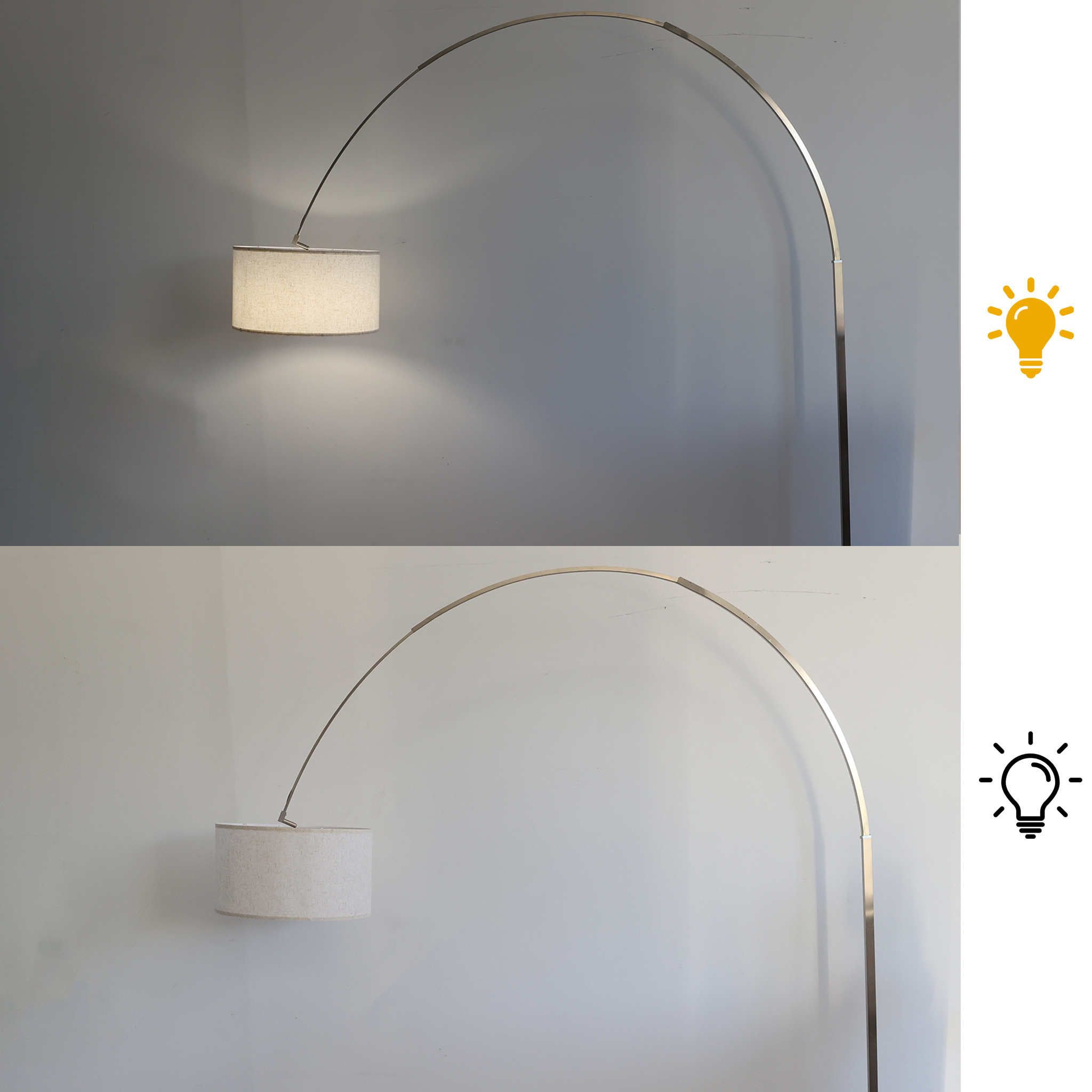 Una lámpara de pie de arco con pantalla color crema contra una pared gris.