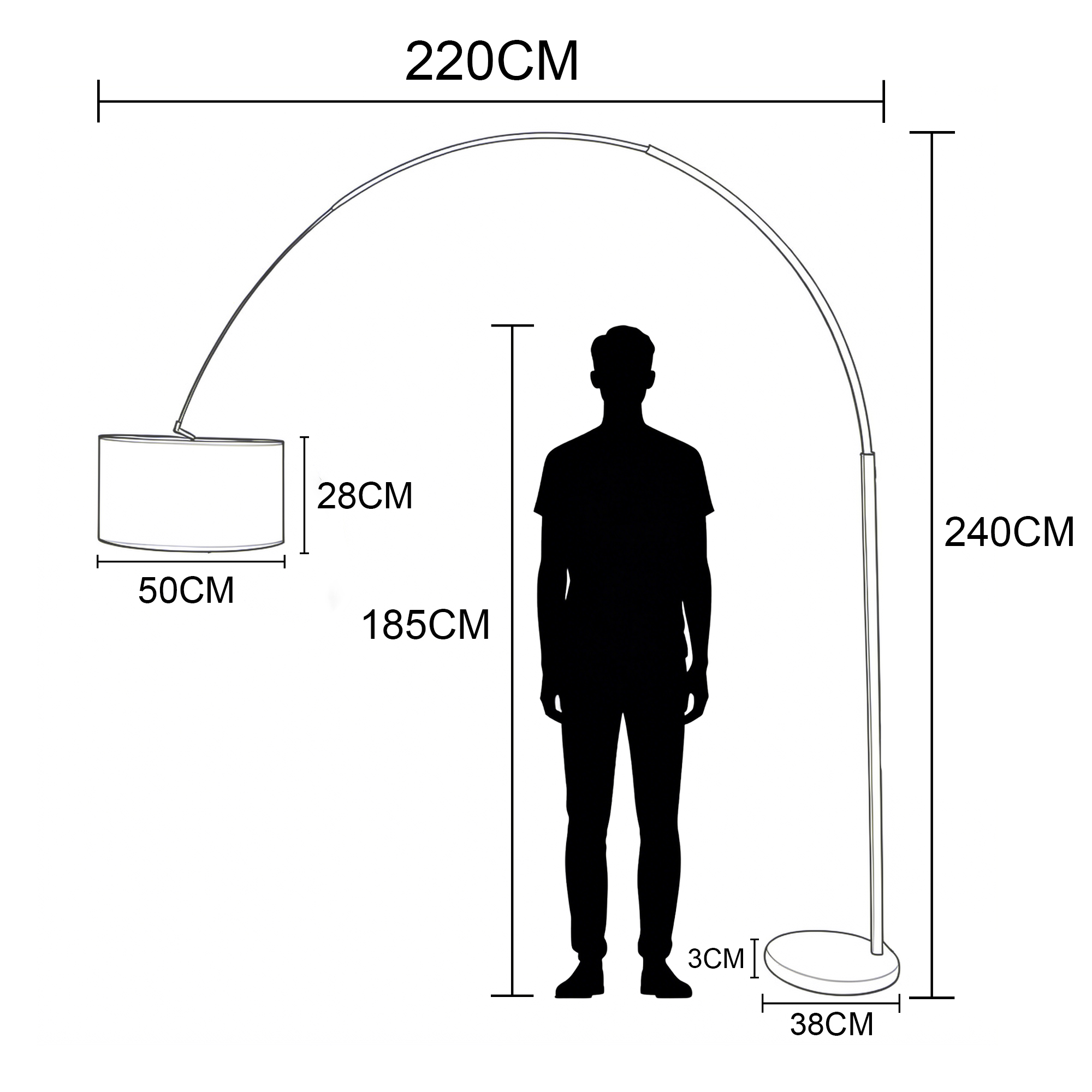 Una lámpara de pie con dimensiones: 220cm de ancho, 240cm de alto, pantalla 50x28cm.