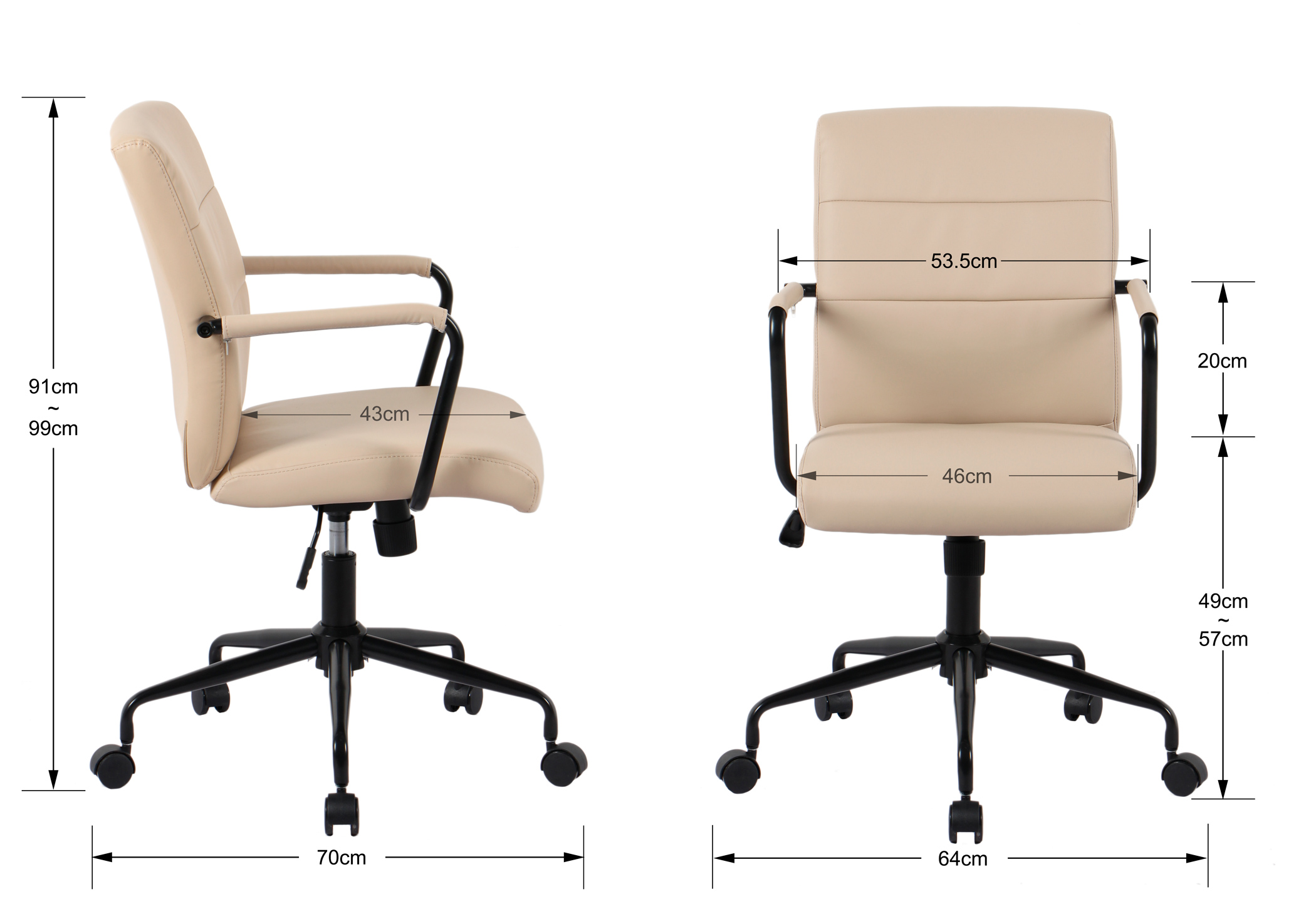 Silla de oficina beige con reposabrazos y ruedas, con medidas.
