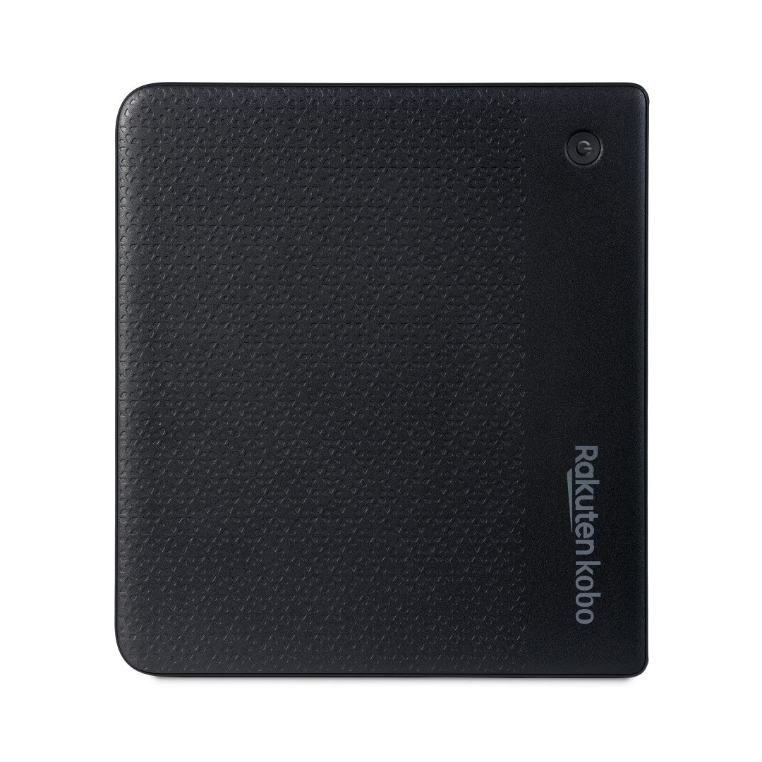 Schwarzes E-Book-Lesegerät mit Rautenmuster und Power-Taste oben rechts.