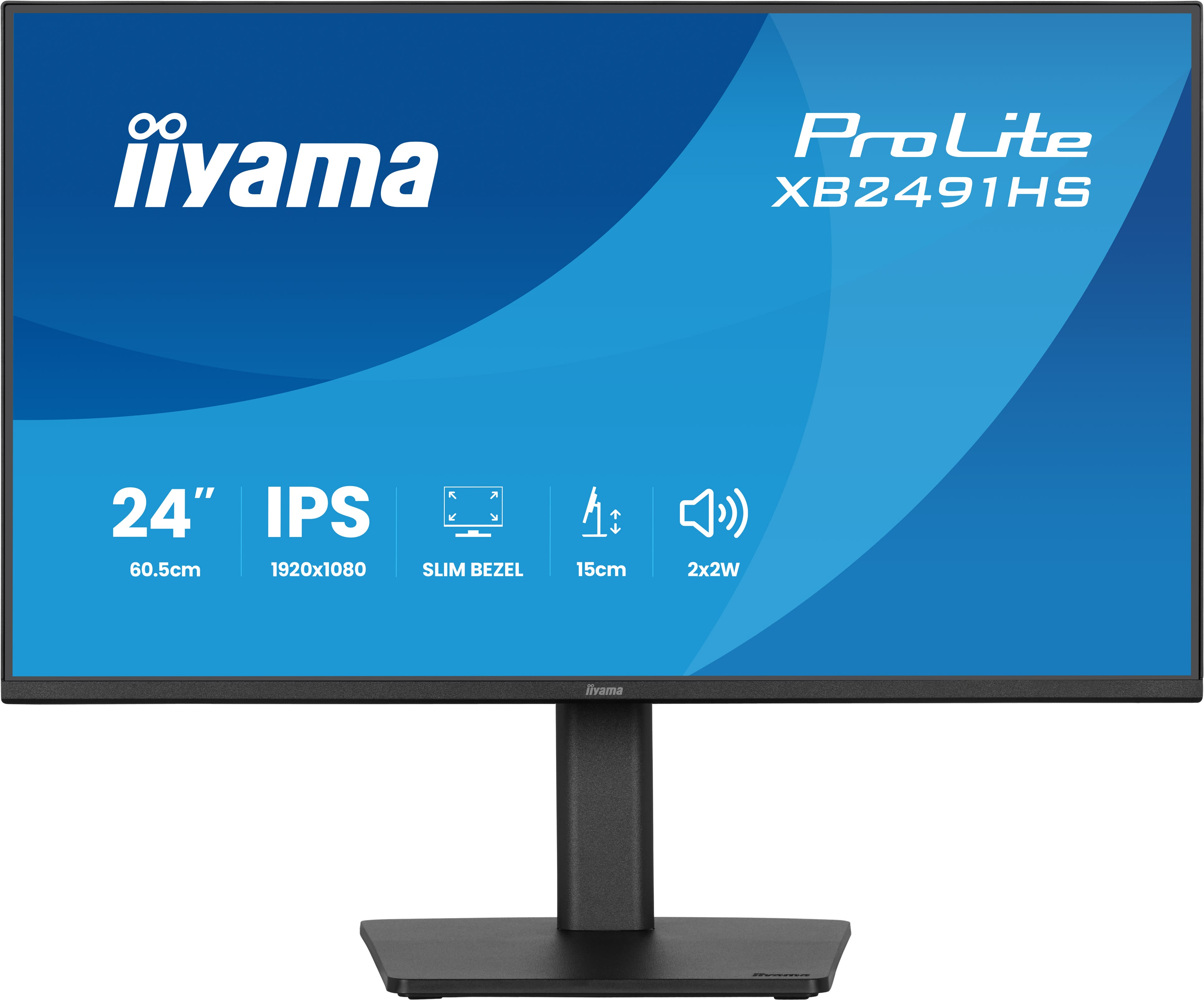Un monitor IPS da 24 pollici con cornice sottile e supporto, visualizzato su sfondo blu.