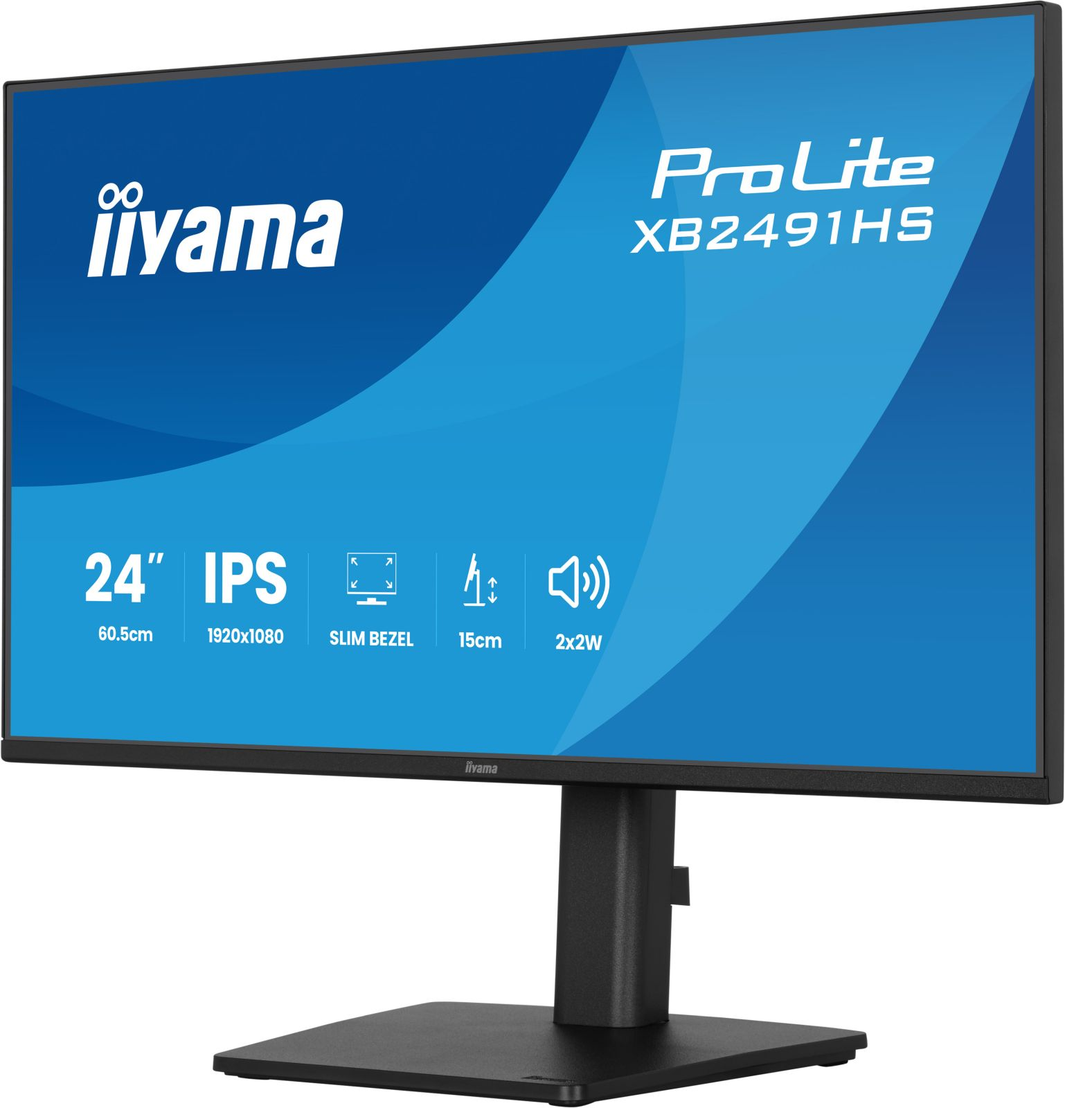 Un monitor Iiyama nero da 24 pollici, IPS, risoluzione 1920x1080, cornice sottile.