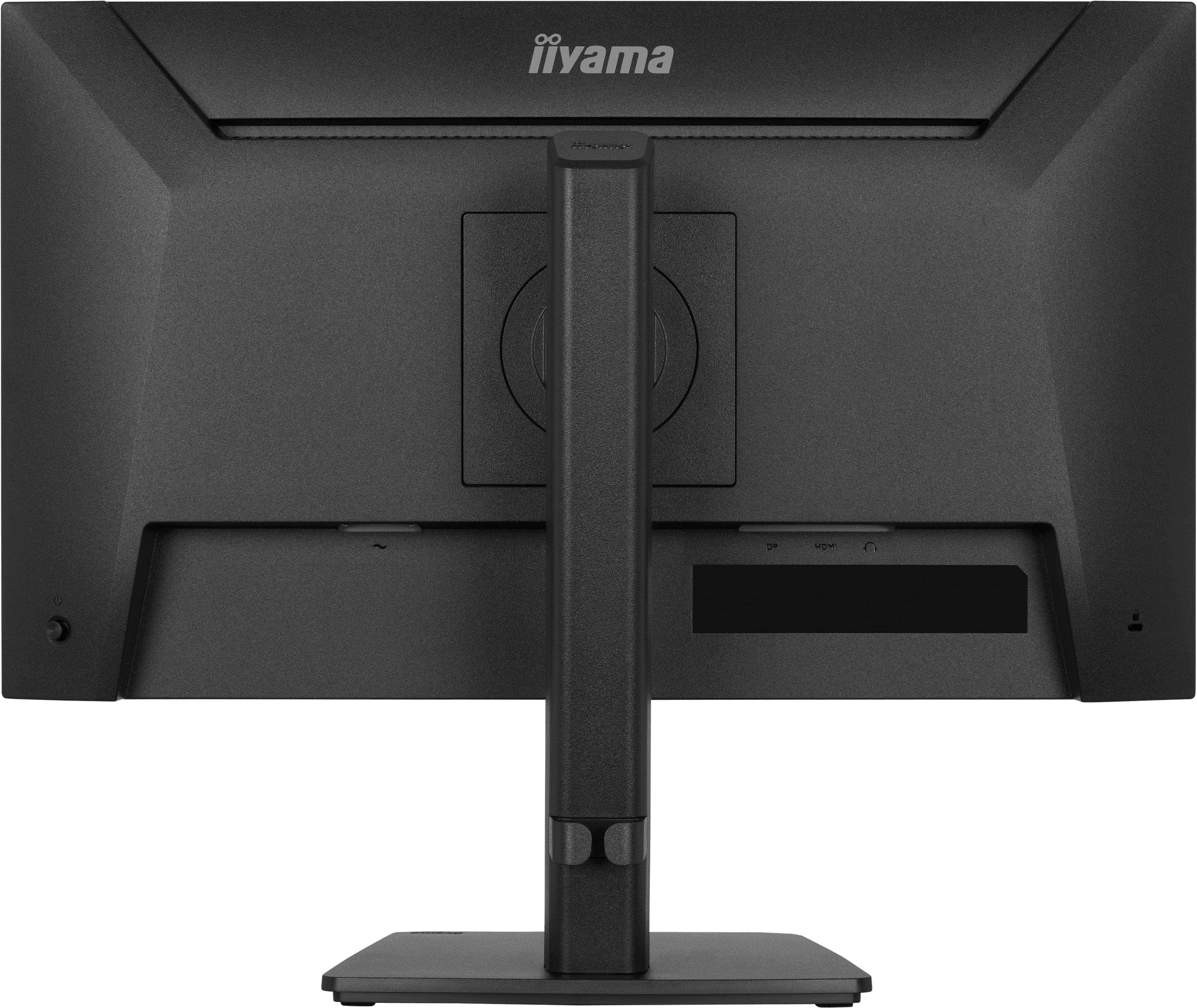 Retro di un monitor nero con logo iiyama, supporto e porte.