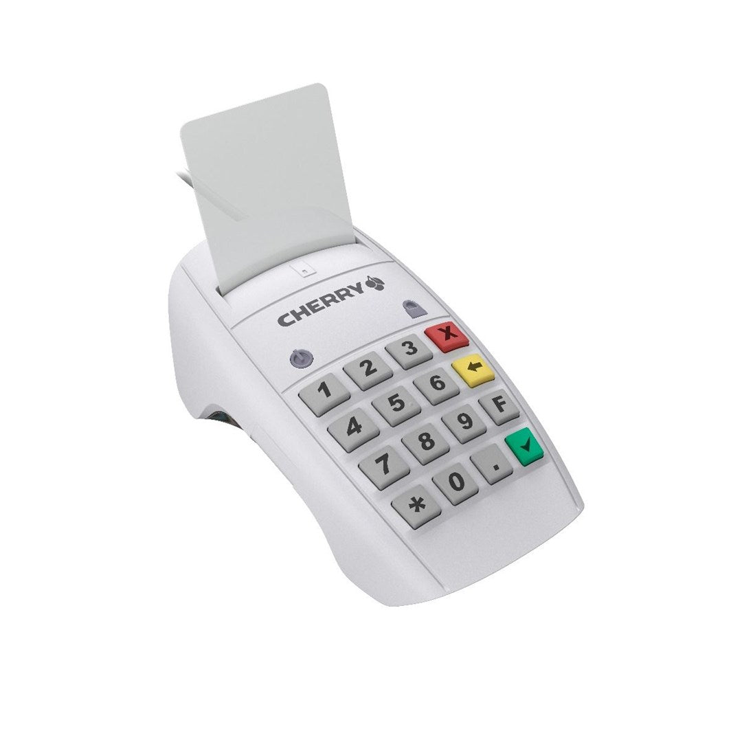 Ein weißes Kassenterminal mit Tastatur, Kartenschlitz und Bedientasten.