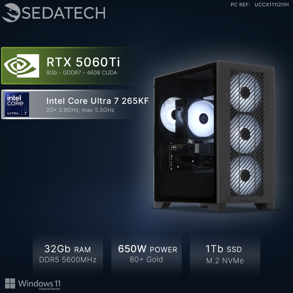 Un PC avec RTX 5060Ti, Intel Core Ultra 7, 32Go RAM, alimentation 650W et SSD 1To.