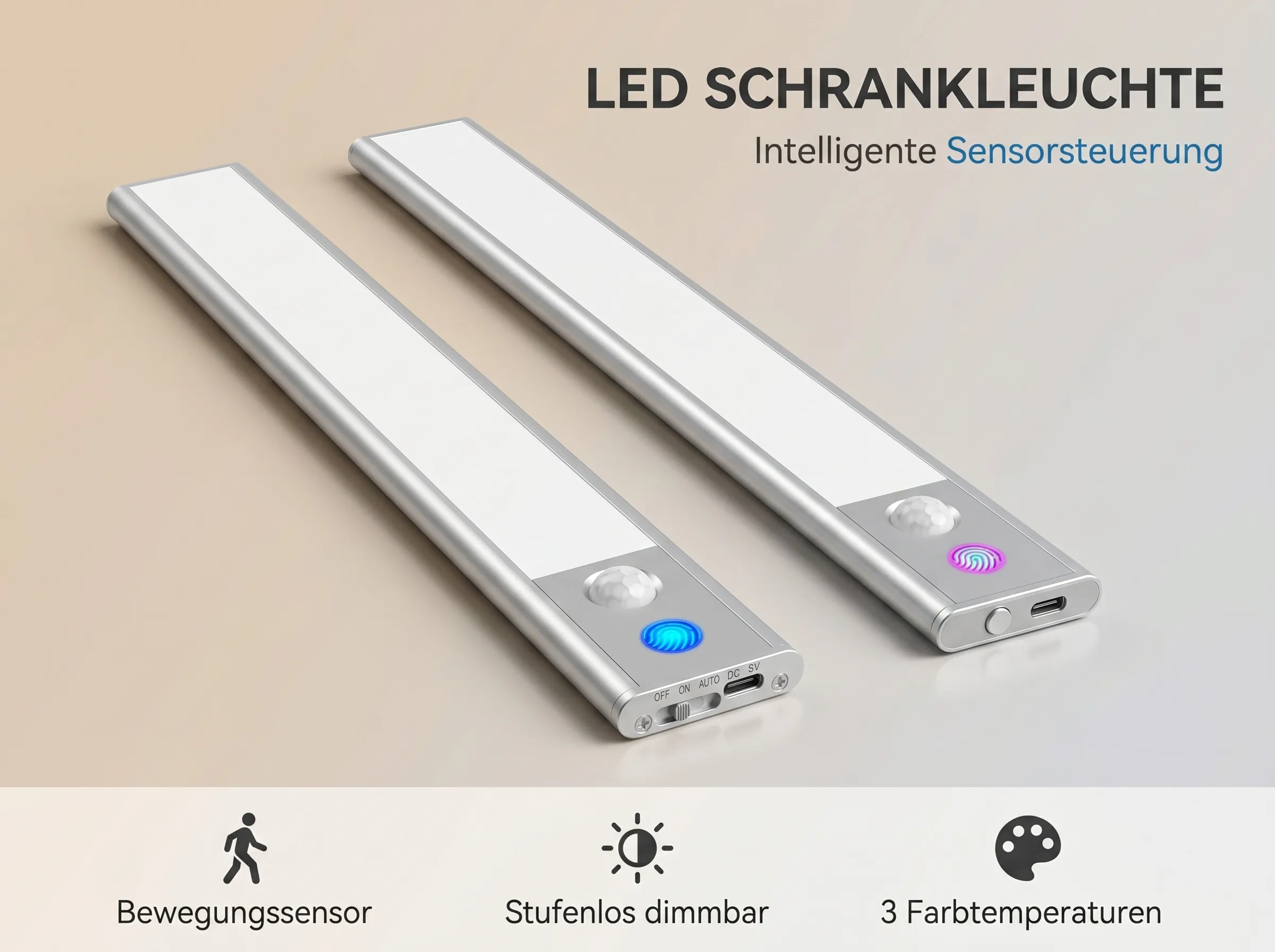 Zwei silberne LED-Schrankleuchten mit Bewegungssensoren und Touch-Steuerung.