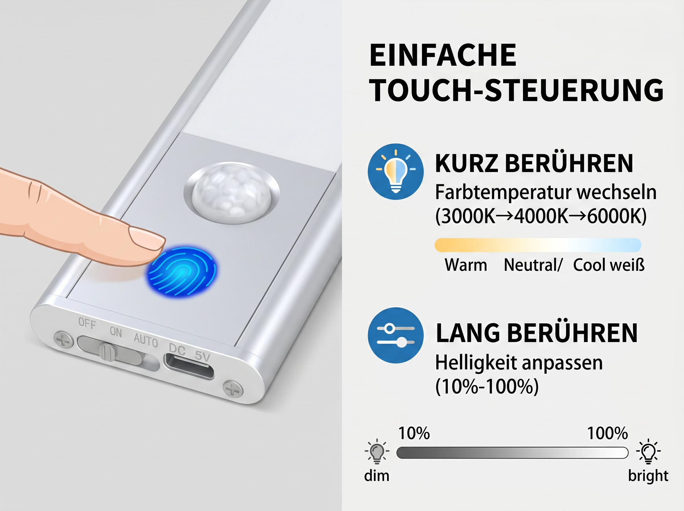 Ein Finger berührt eine leuchtende blaue Fläche auf einem silbernen Gerät. Es zeigt einfache Touch-Steuerung.