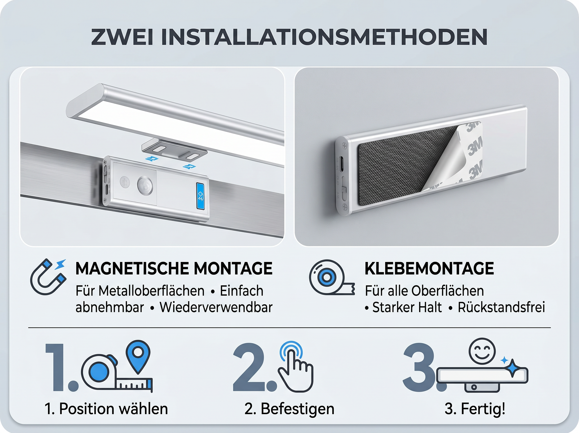 Zwei Montagearten: magnetisch für Metall, Klebeband für alle Oberflächen.