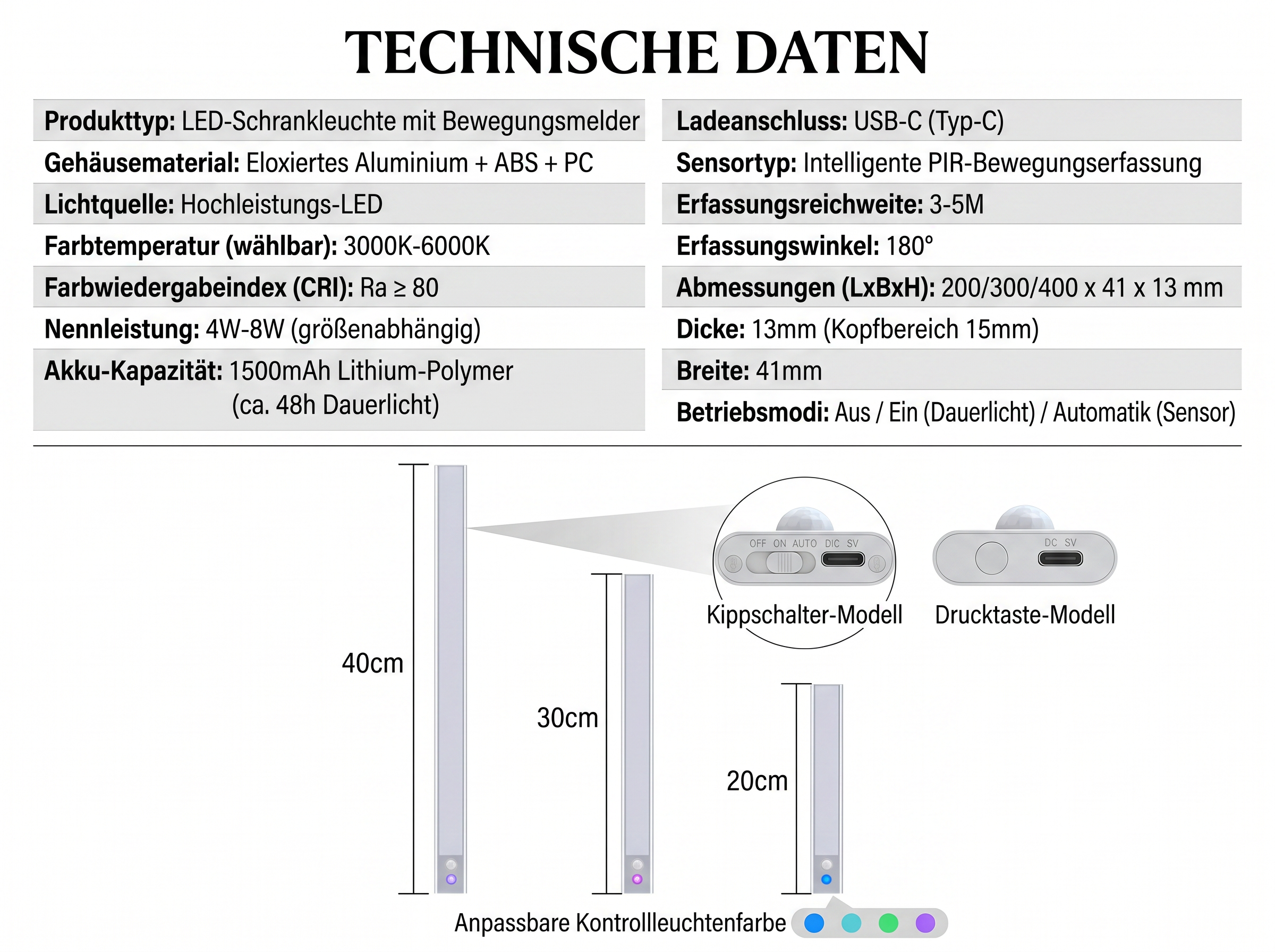 Technische Daten einer LED-Schrankleuchte mit USB-C, PIR-Sensor. Maße 200-400mm.