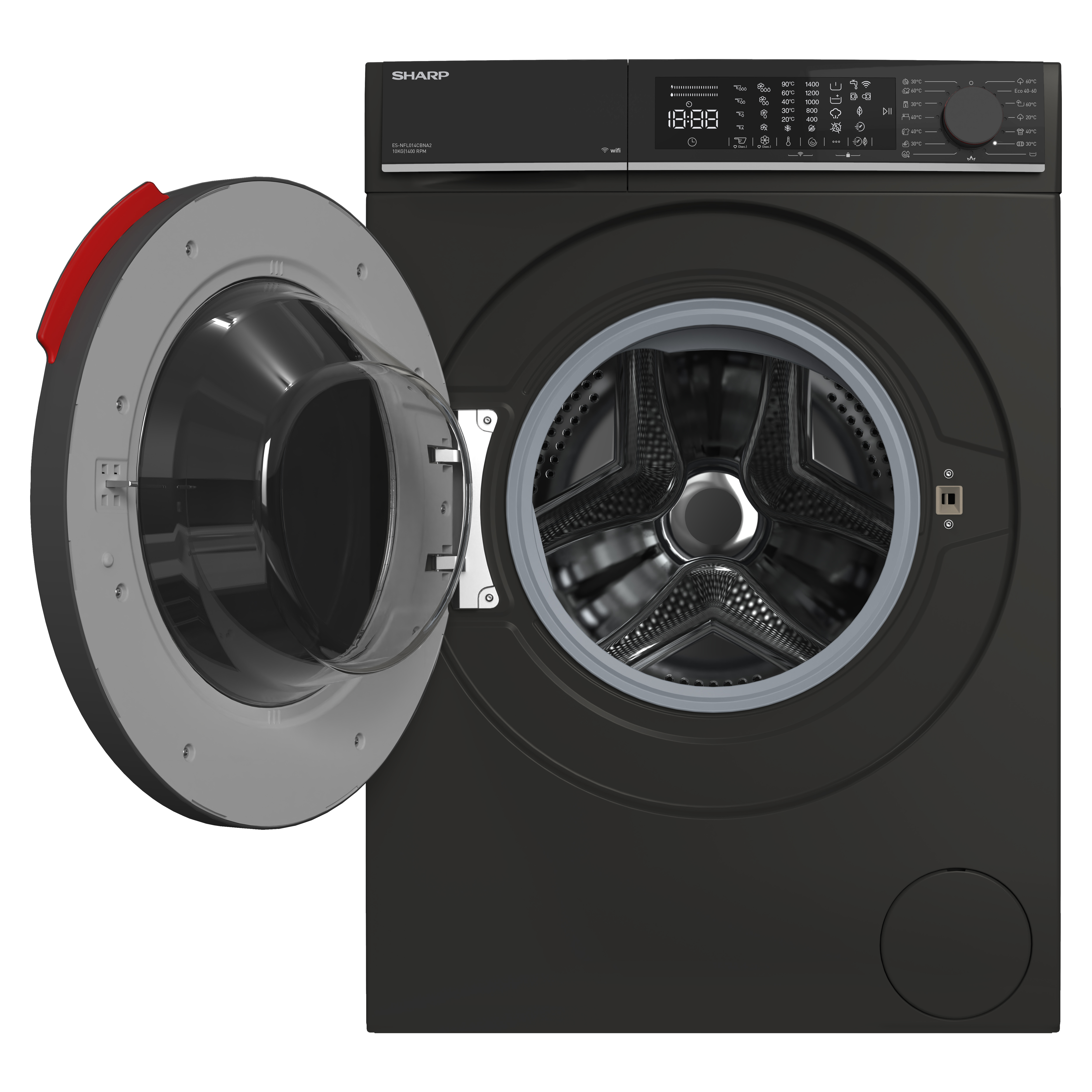 Black washing machine with open door, display, and control dial.