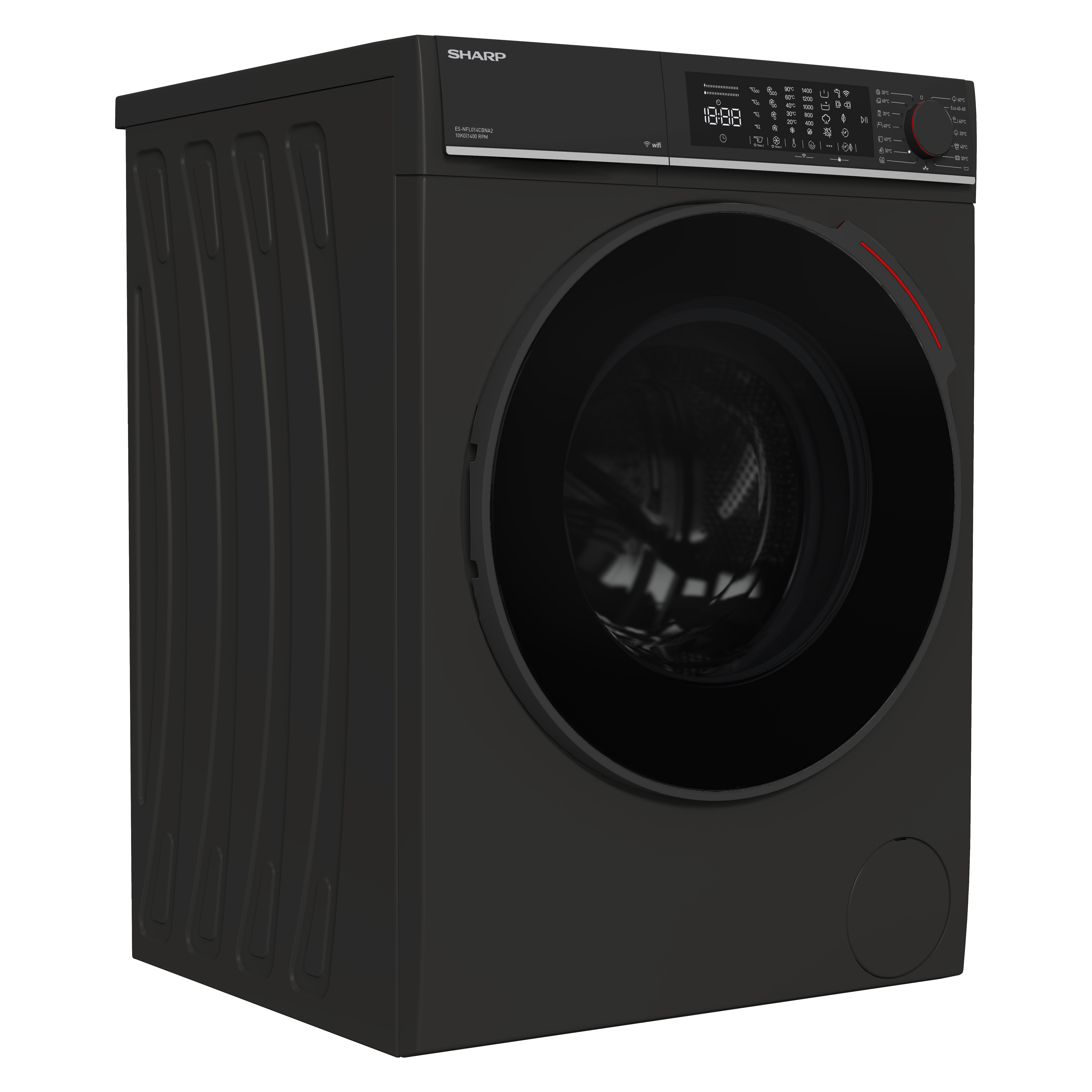 Black Sharp washing machine with digital display and round door.