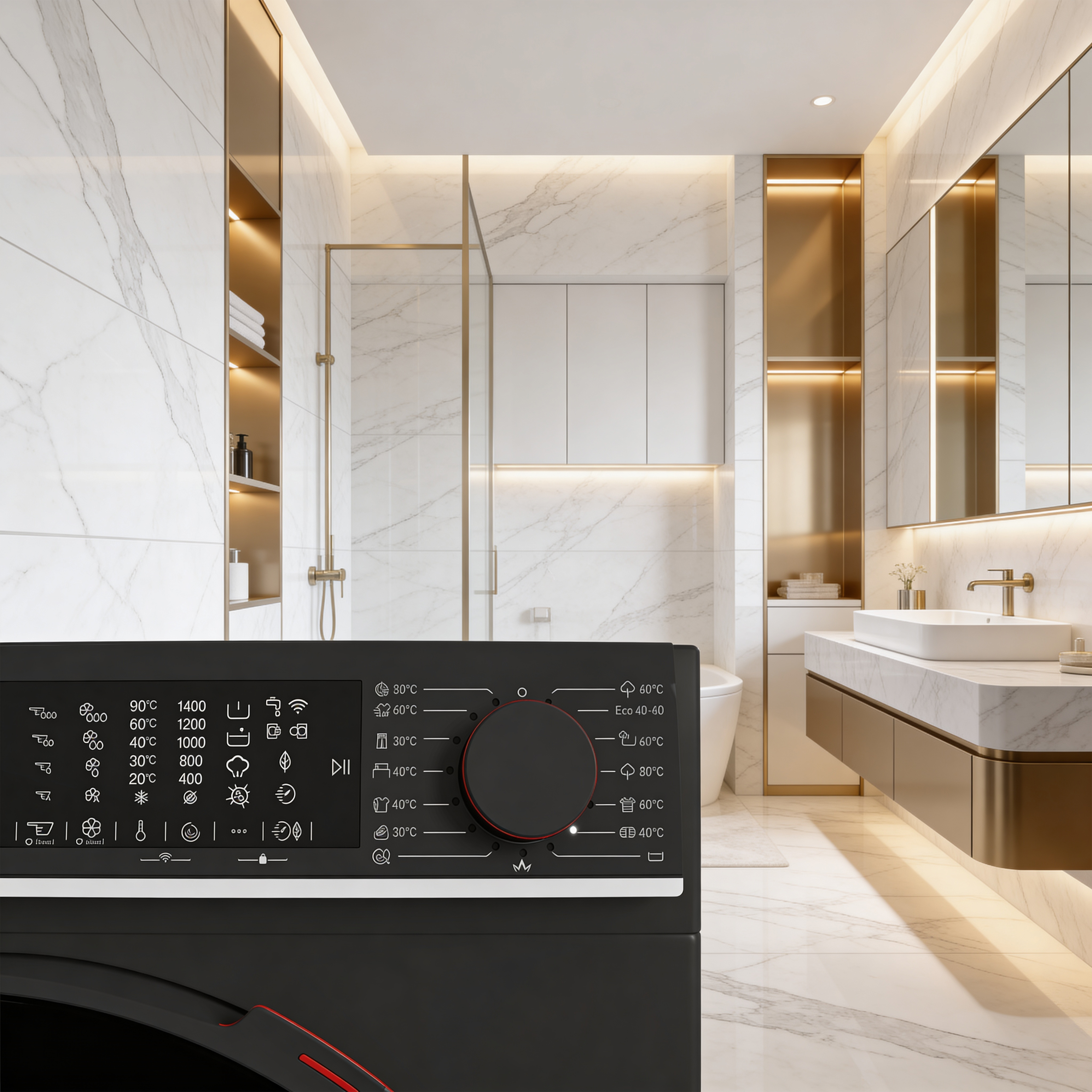 Modern washing machine with digital display in a luxurious marble bathroom.