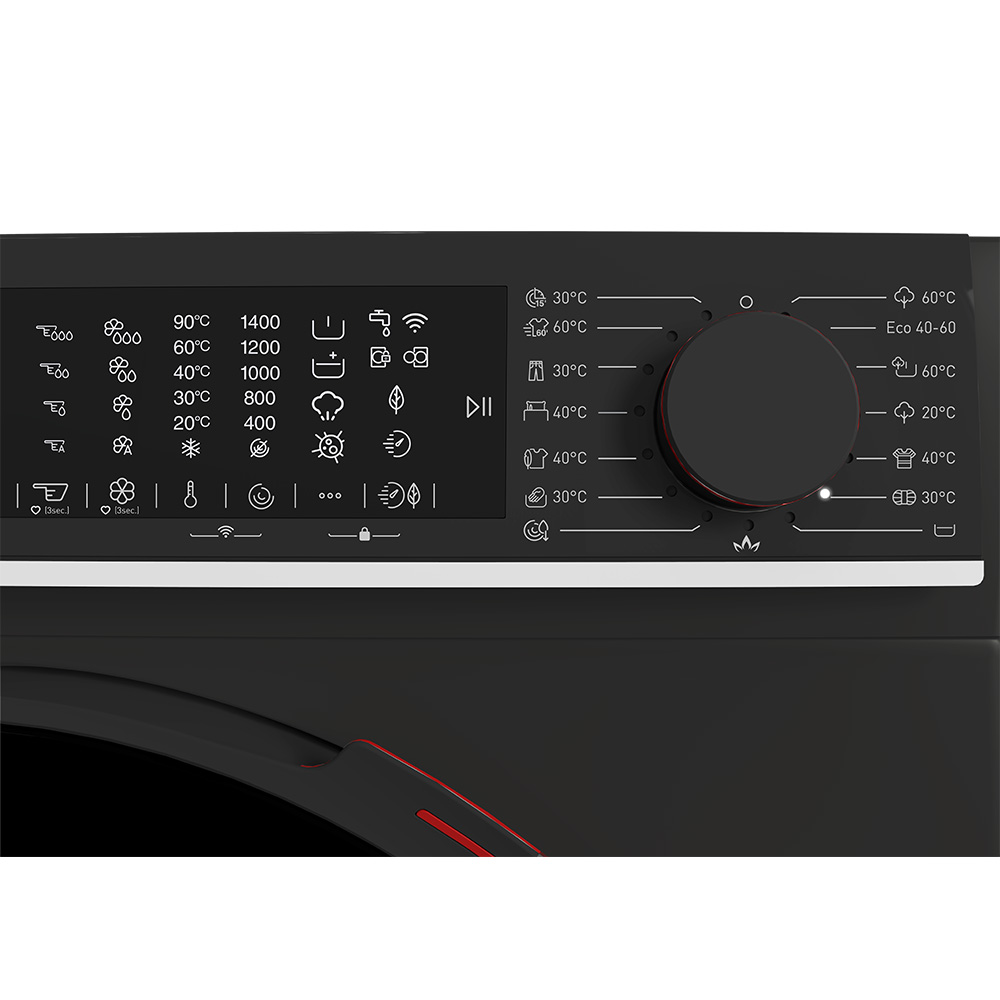 Washing machine control panel with program selection and a rotary dial.