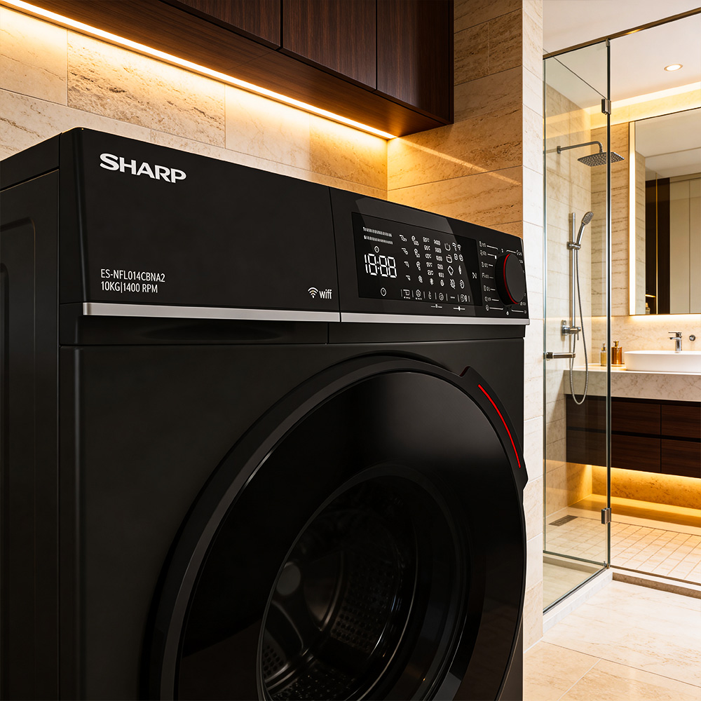 Black Sharp washing machine in a modern bathroom with a glass shower enclosure.