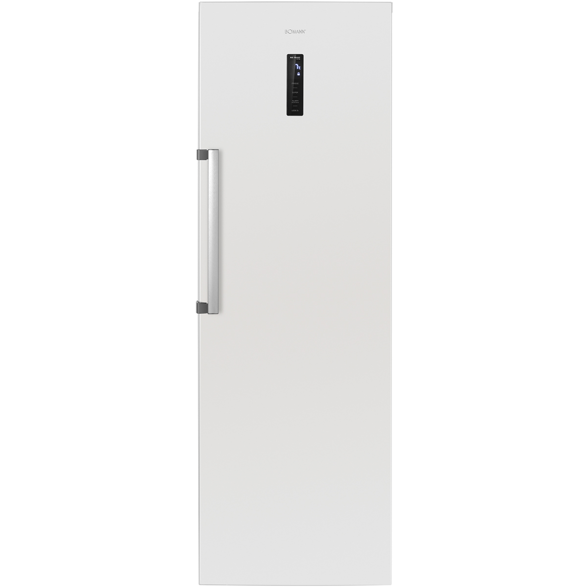 Ein weißer Kühlschrank mit silbernem Griff und digitalem Display.