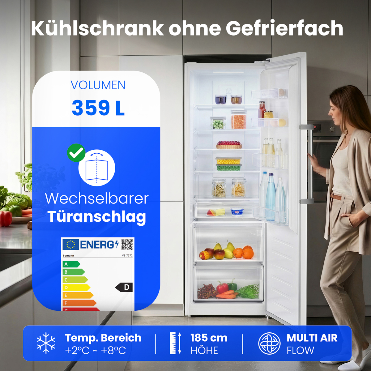 Kühlschrank ohne Gefrierfach, 359L, wechselbarer Türanschlag, Energieeffizienz D.
