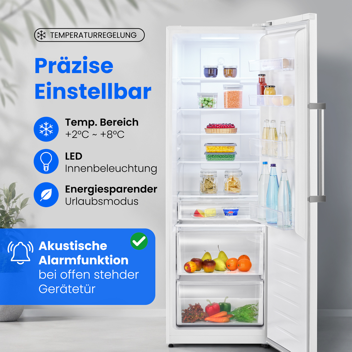 Ein weißer Kühlschrank mit offener Tür, gefüllt mit Lebensmitteln und Text.