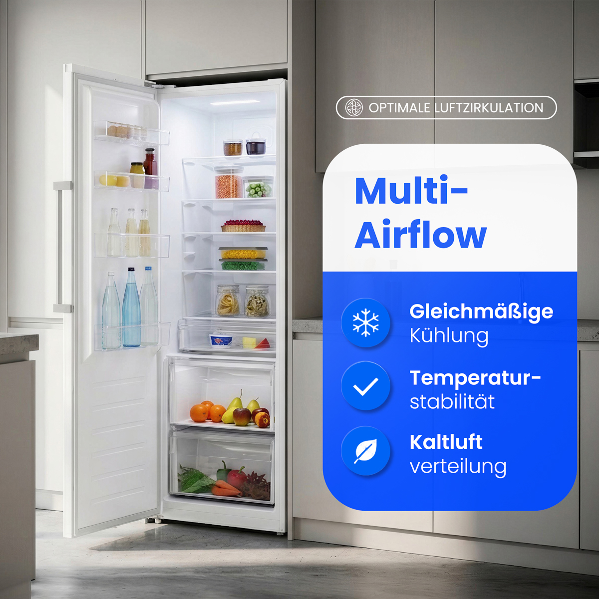 Offener Kühlschrank mit Lebensmitteln und Infobox über Multi-Airflow-Kühlung.