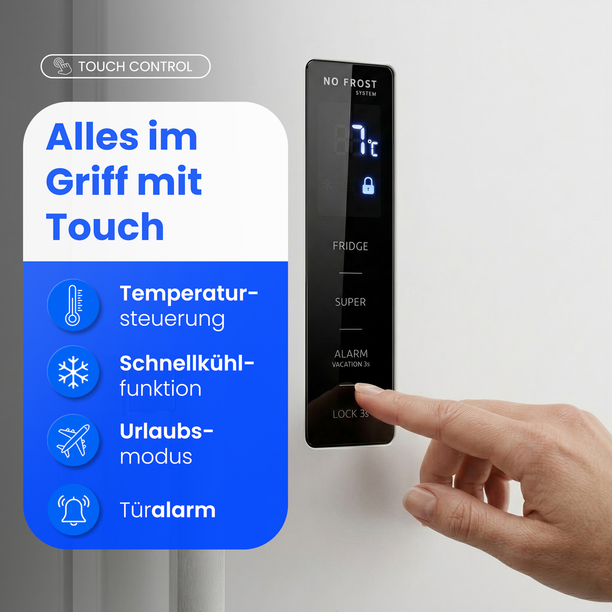 Ein Finger berührt ein Touch-Display mit Temperaturregelung, Schnellkühlung, Urlaubsmodus.