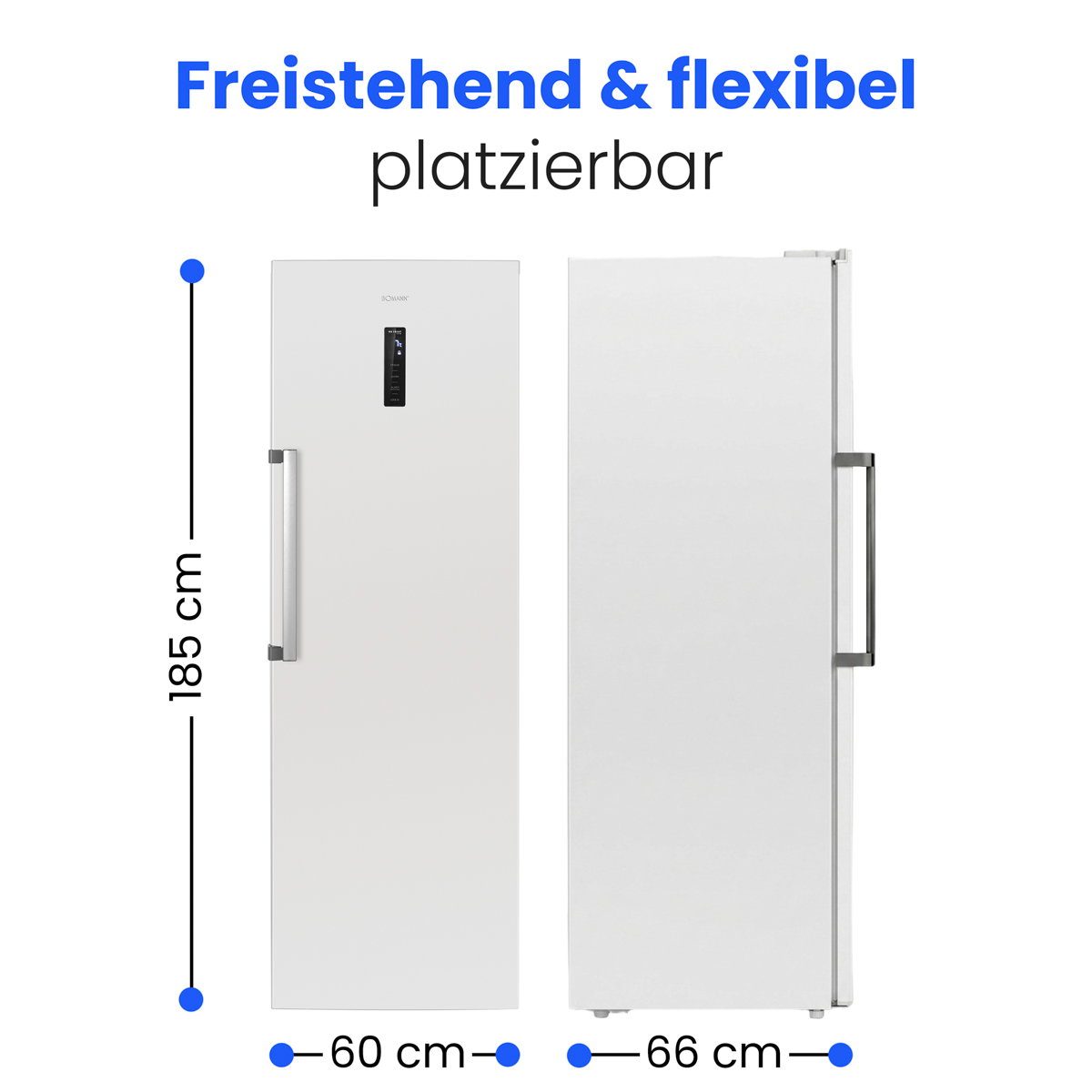 Zwei weiße Kühlschränke, einer vorne, einer seitlich, mit Maßen.