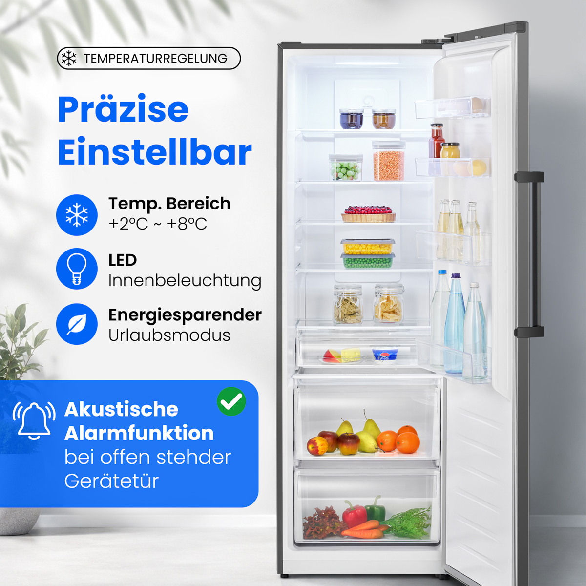 Offener Kühlschrank mit Präziser Temperaturregelung, LED, Energiesparmodus und Alarmfunktion.
