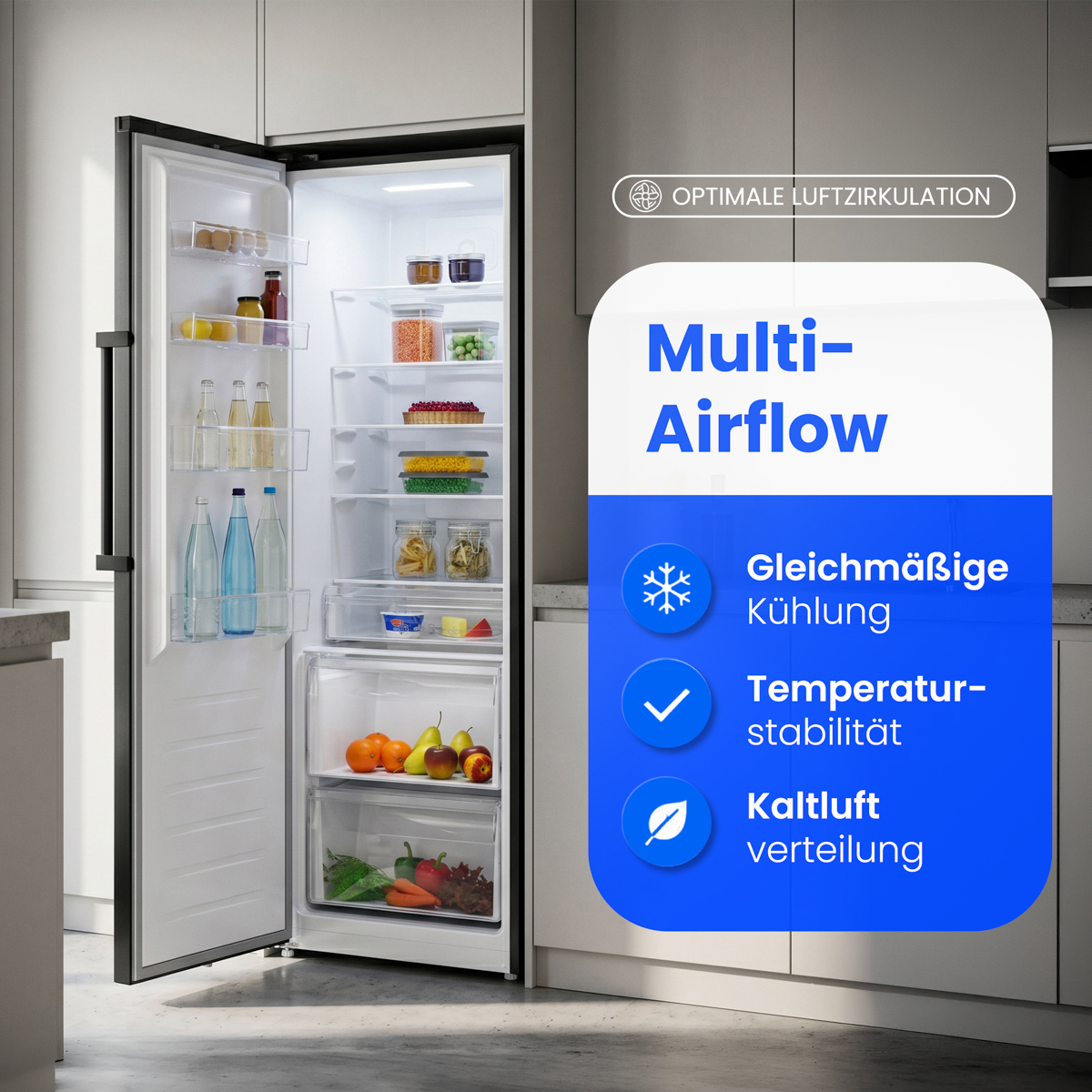Ein offener Kühlschrank mit Lebensmitteln und Text über Multi-Airflow.