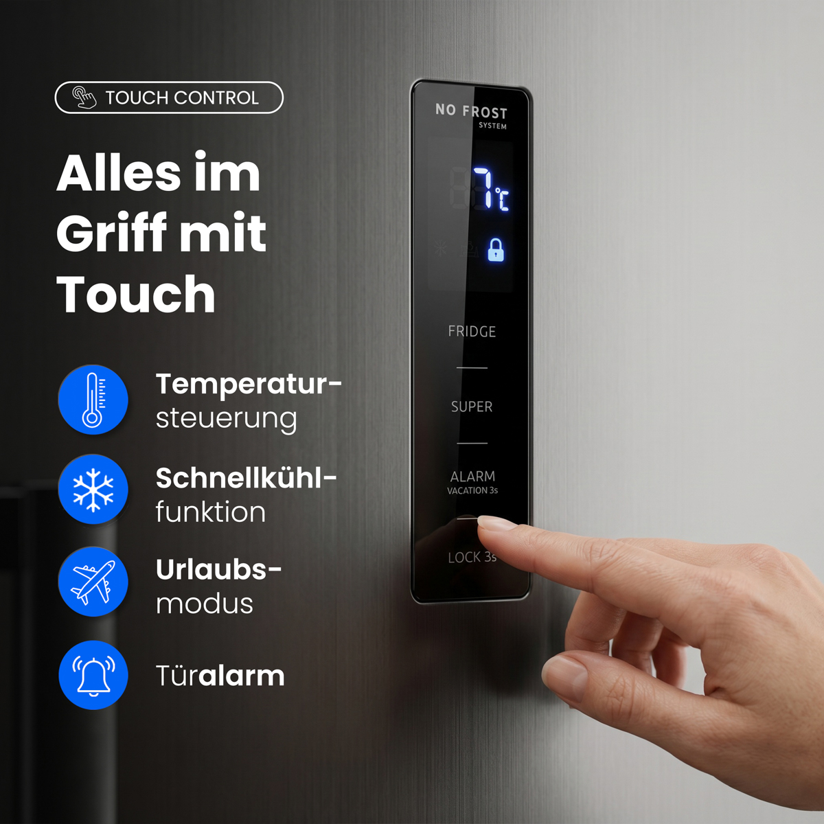 Nahaufnahme eines Fingers, der das Touch-Bedienfeld eines Kühlschranks berührt, mit Temperatureinstellungen.