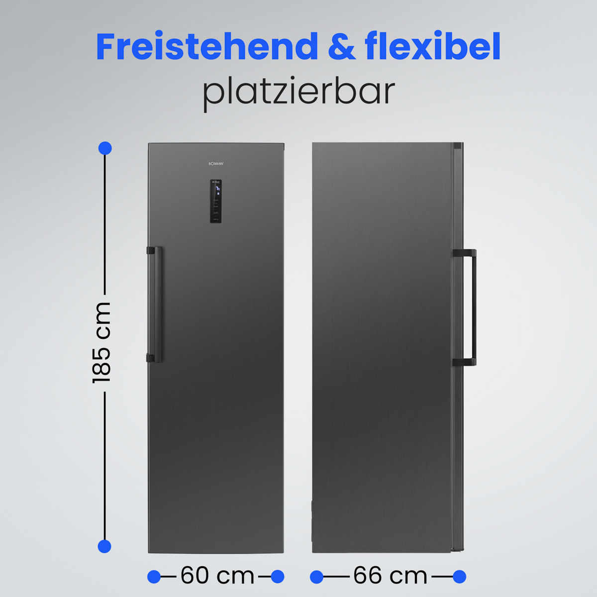Zwei dunkelgraue Kühlschränke, einer 60cm, der andere 66cm breit, beide 185cm hoch.
