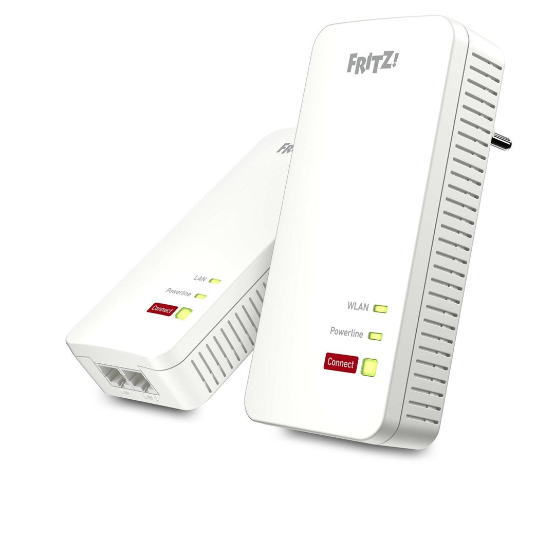 Dwa białe adaptery FRITZ!Powerline ze wskaźnikami stanu i portami LAN.
