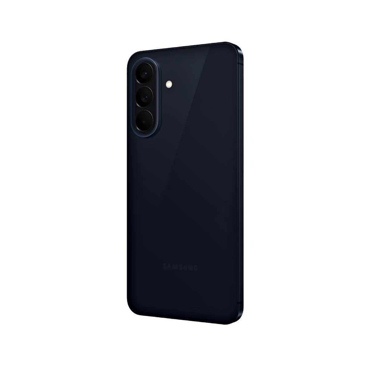 Dunkelblaues Samsung Smartphone Rückansicht, Dreifachkamera, weißer Punkt.