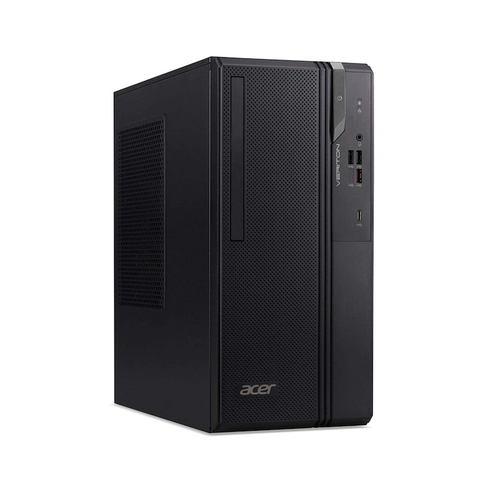 Una tower per computer desktop Acer Veriton nera è mostrata su sfondo bianco.
