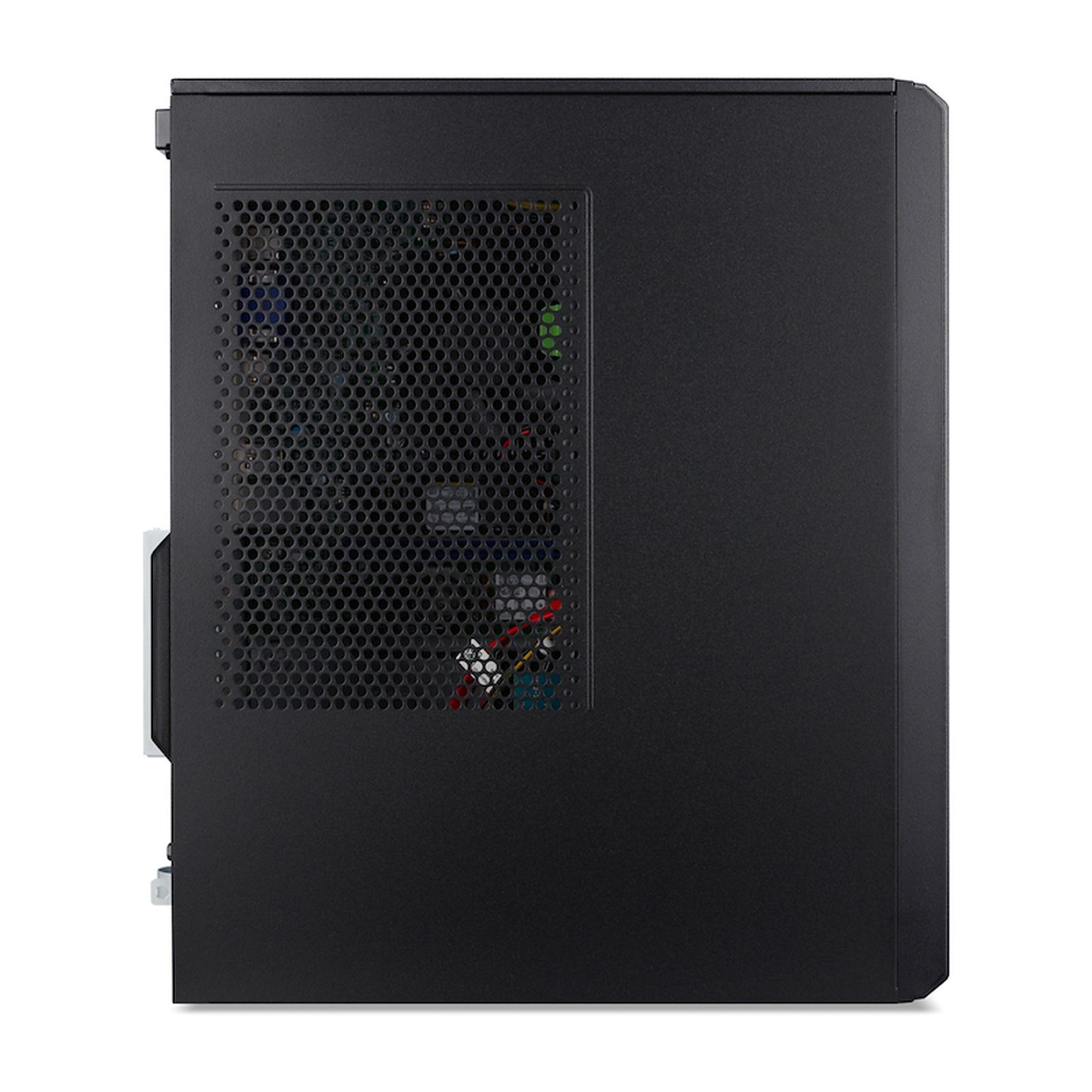 Case del computer nero con pannello laterale ventilato e componenti visibili.