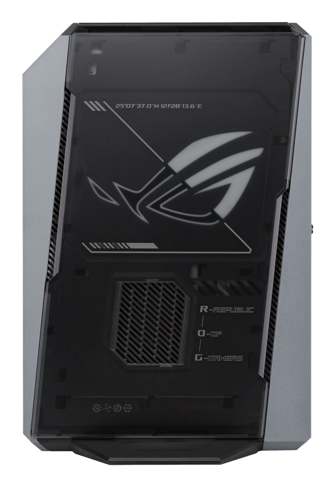 Un case per computer argento e nero con logo ROG e coordinate.