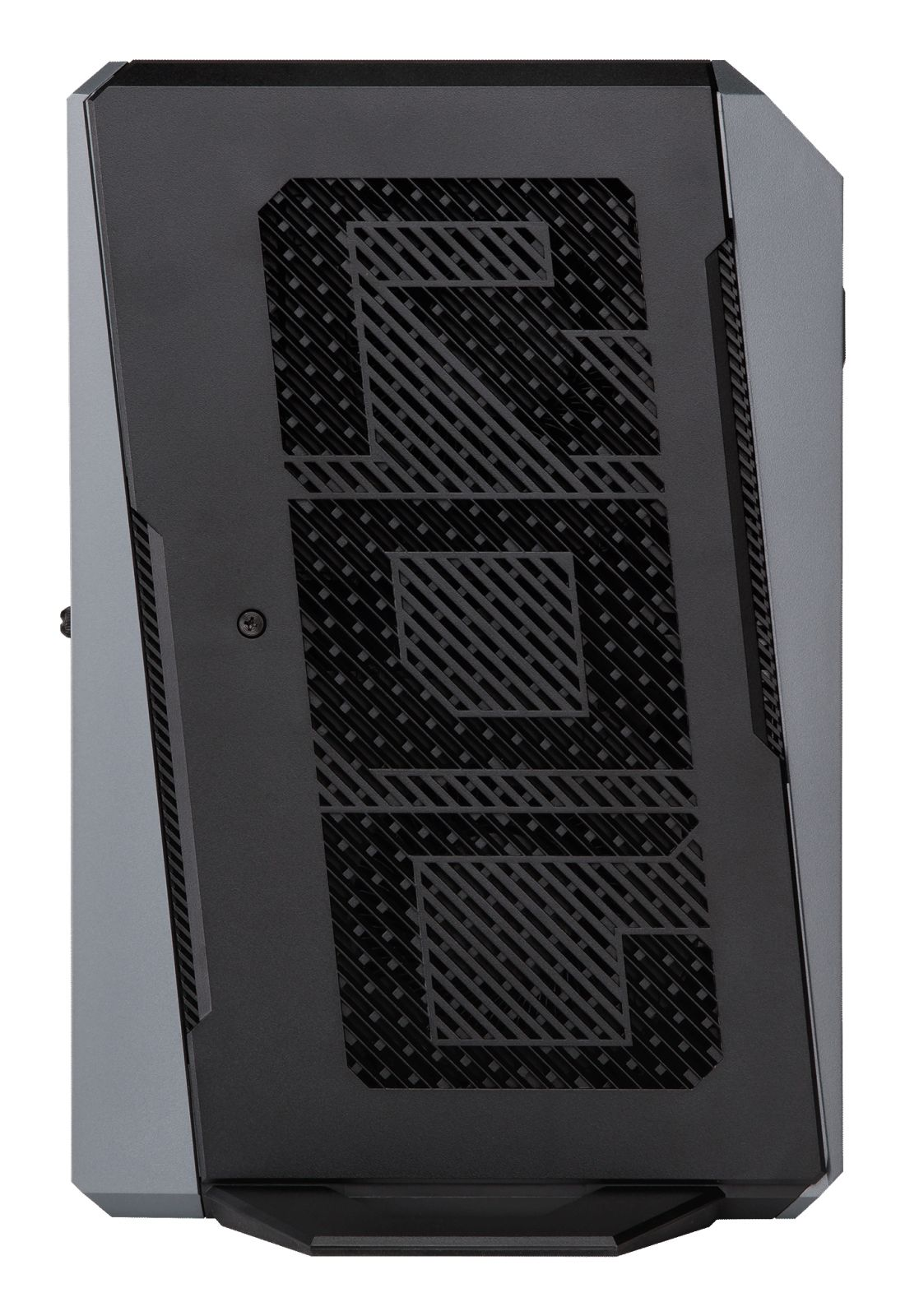 Case del computer nero con griglie diagonali e logo "ROG".