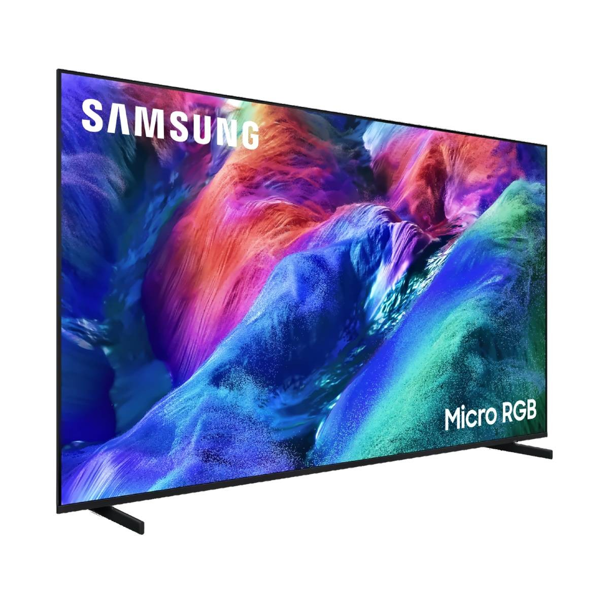 Un televisor Samsung con tecnología Micro RGB muestra una imagen abstracta y colorida.
