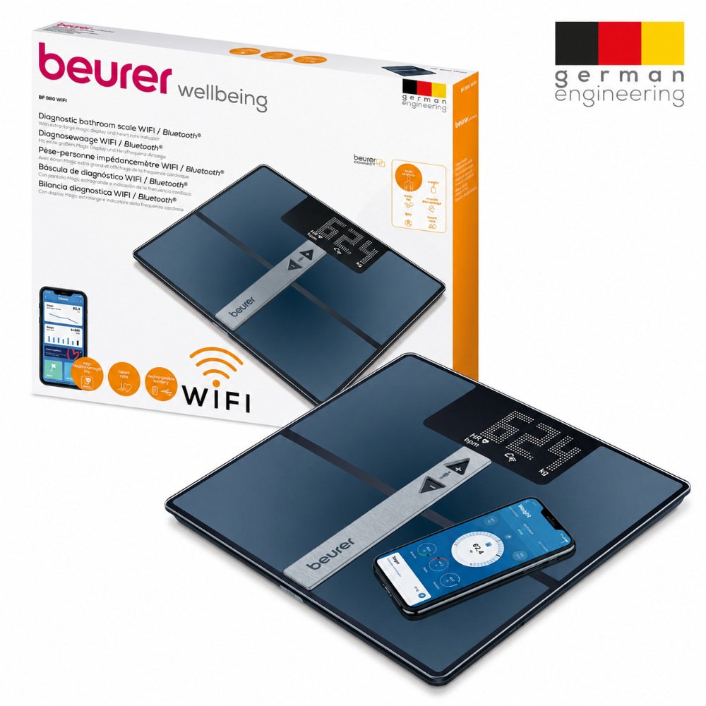 Moderne digitale Personenwaage mit Smartphone-Anzeige, WLAN-Symbol und Beurer-Logo.